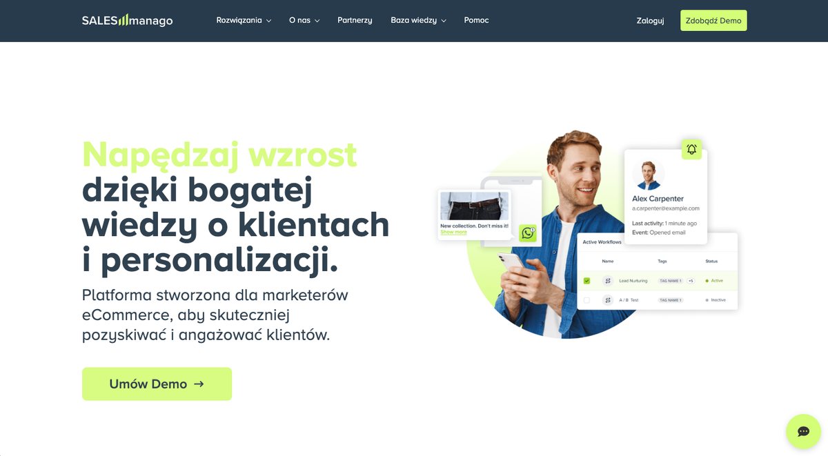 Strona główna salesmanago stworzona dla ecommerce wykorzystując trzy zasady