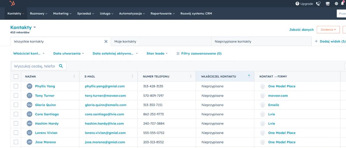 Widok kontaktów, w tym między innymi potencjalnych klientów, w systemie HubSpot