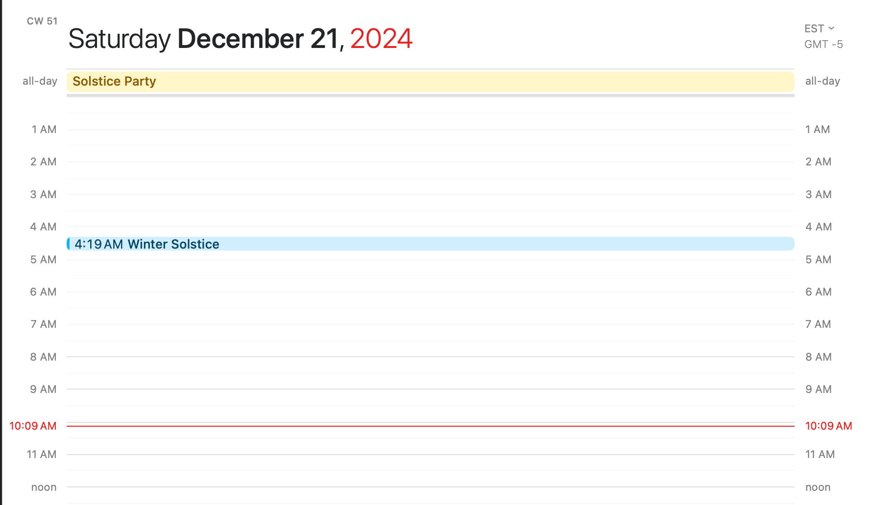 Showing the daily agenda for 12/21/24, with the exact moment of Solstice rendered as an event between 4am and 5am.