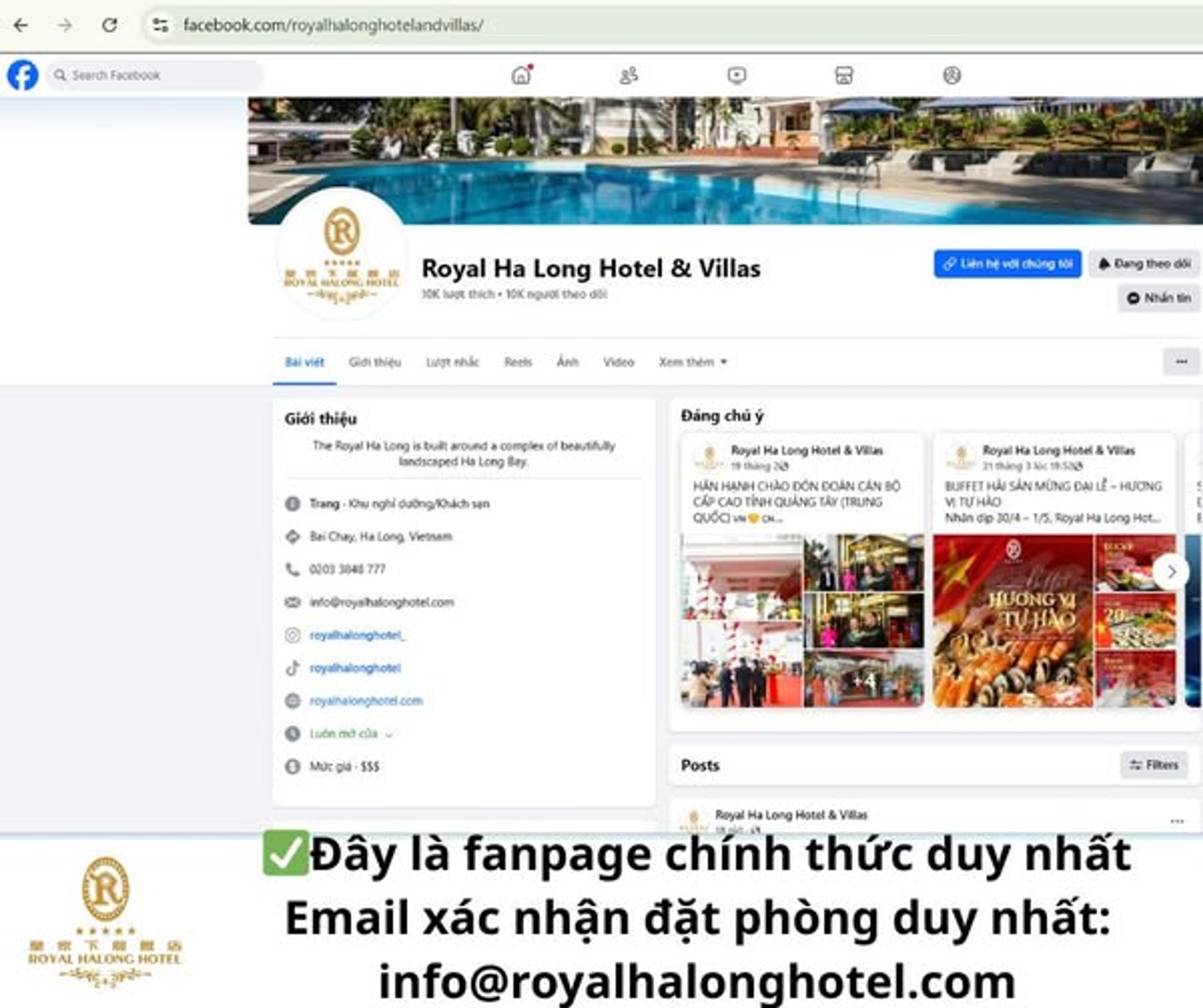 Ảnh chụp màn hình fanpage chính thức “Royal Ha Long Hotel & Villas” trên Facebook, kèm dòng chữ khẳng định đây là fanpage duy nhất và email đặt phòng info@royalhalonghotel.com