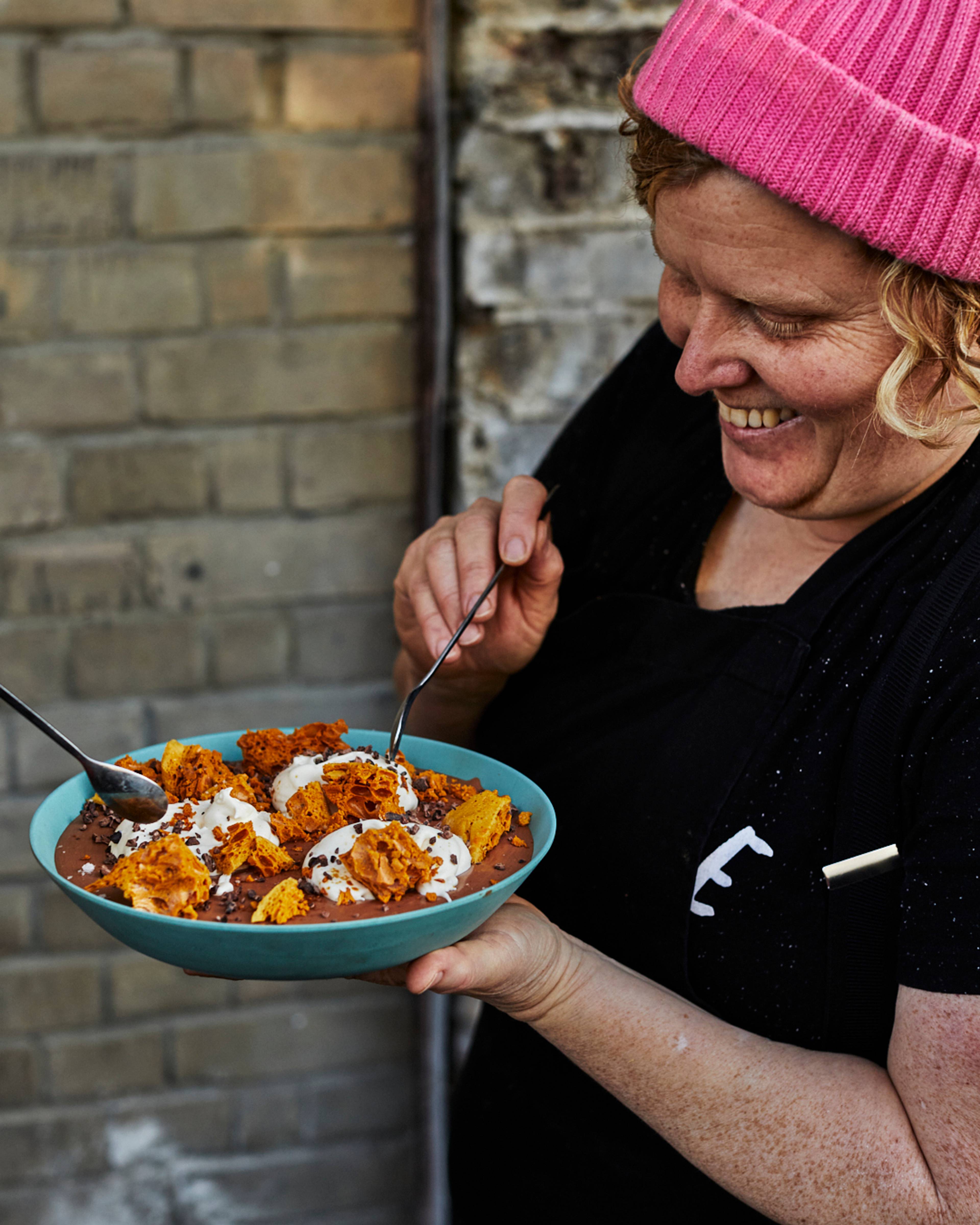 terri of happy endings eating chocolate mousse