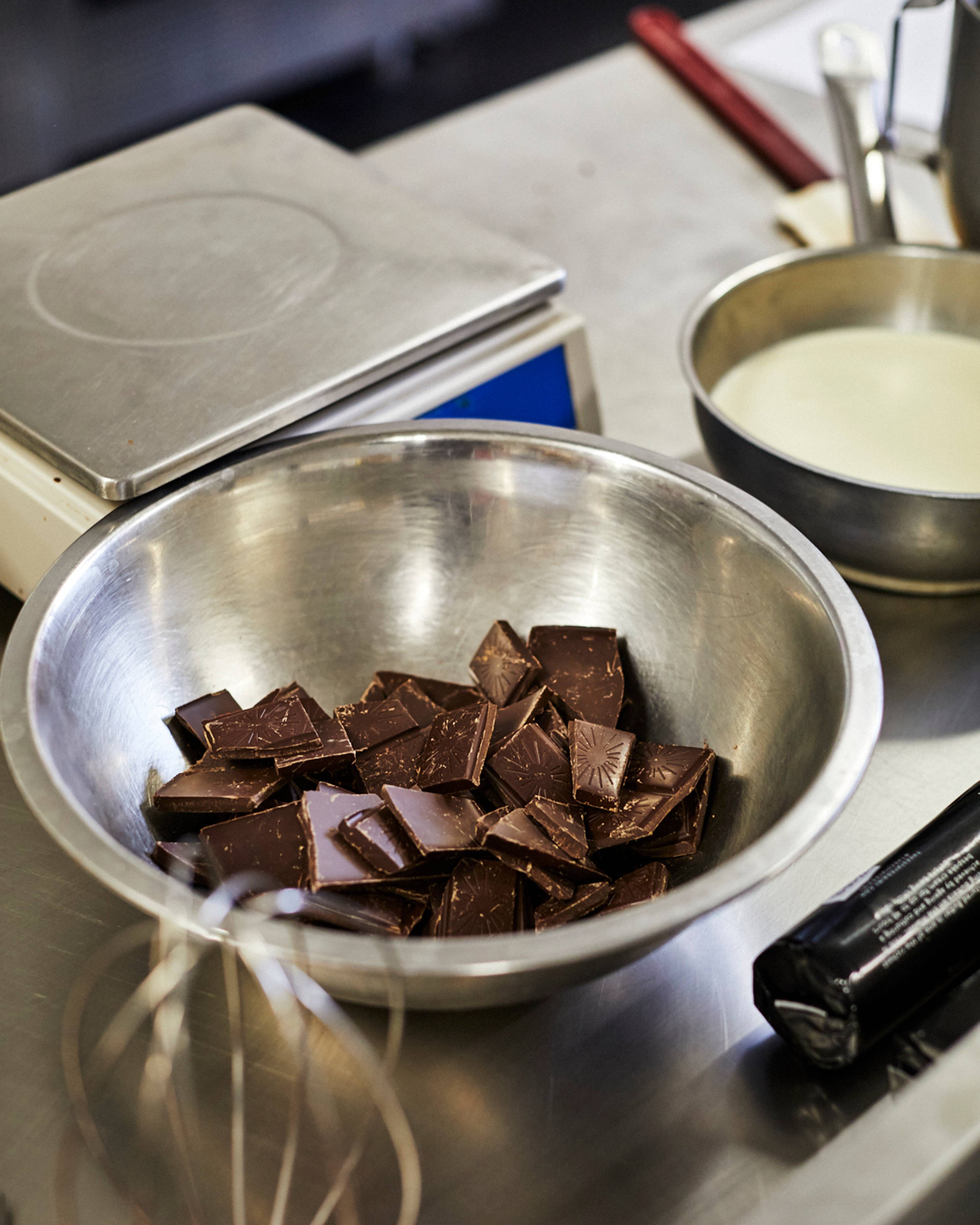Original beans chocolate cubes in a bowl
