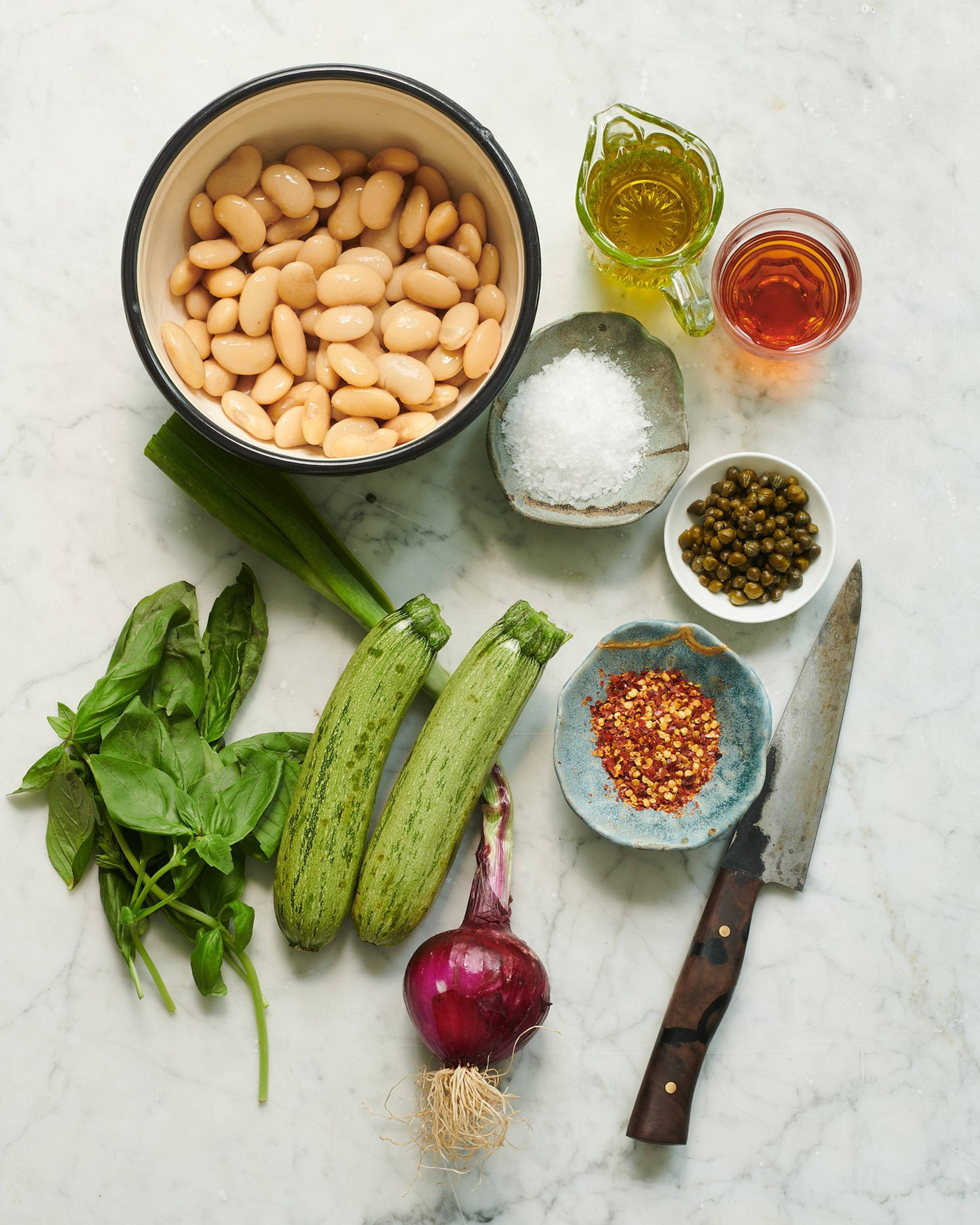 Courgette salad ingredients laid out