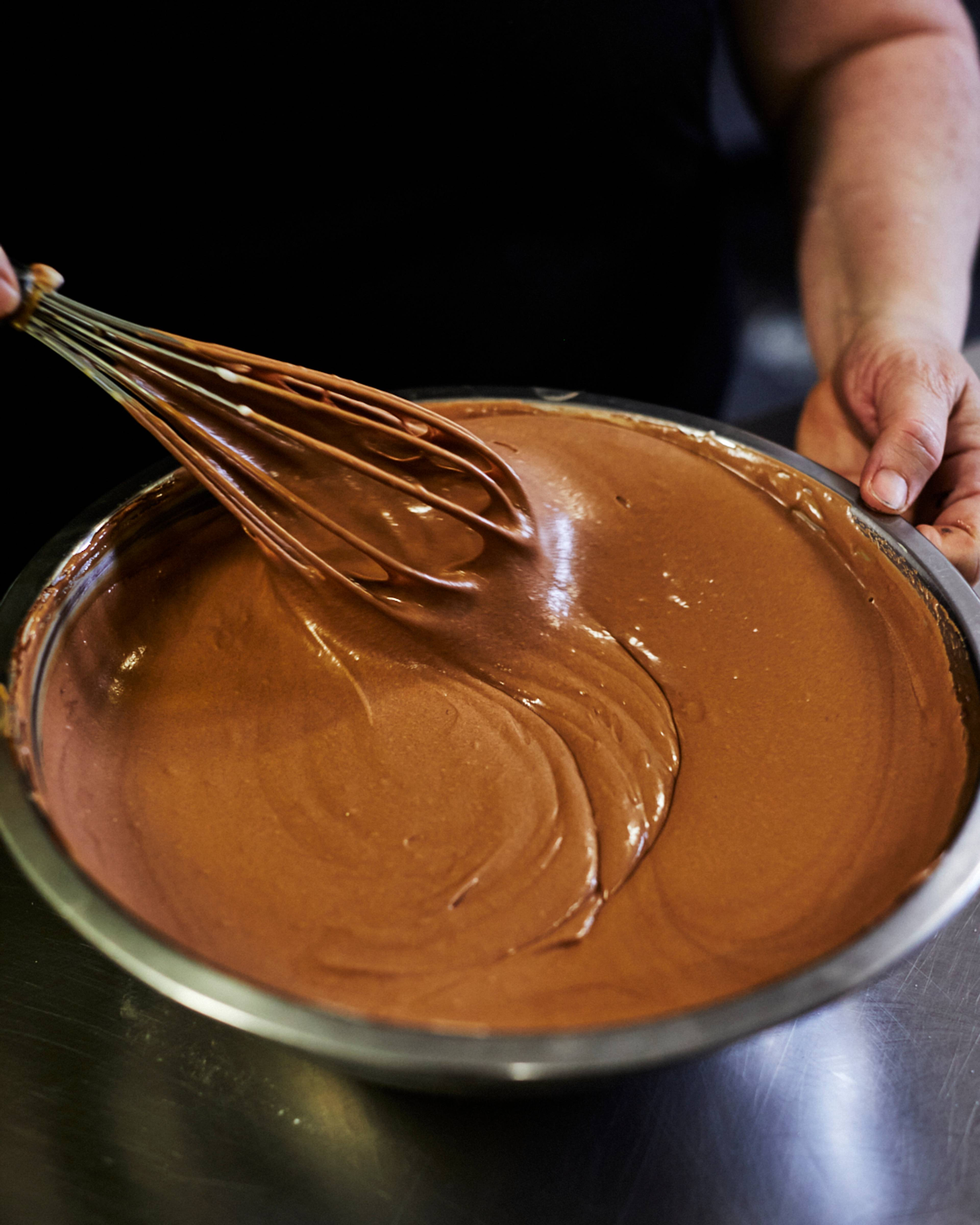 chocolate mousse mix being whisked