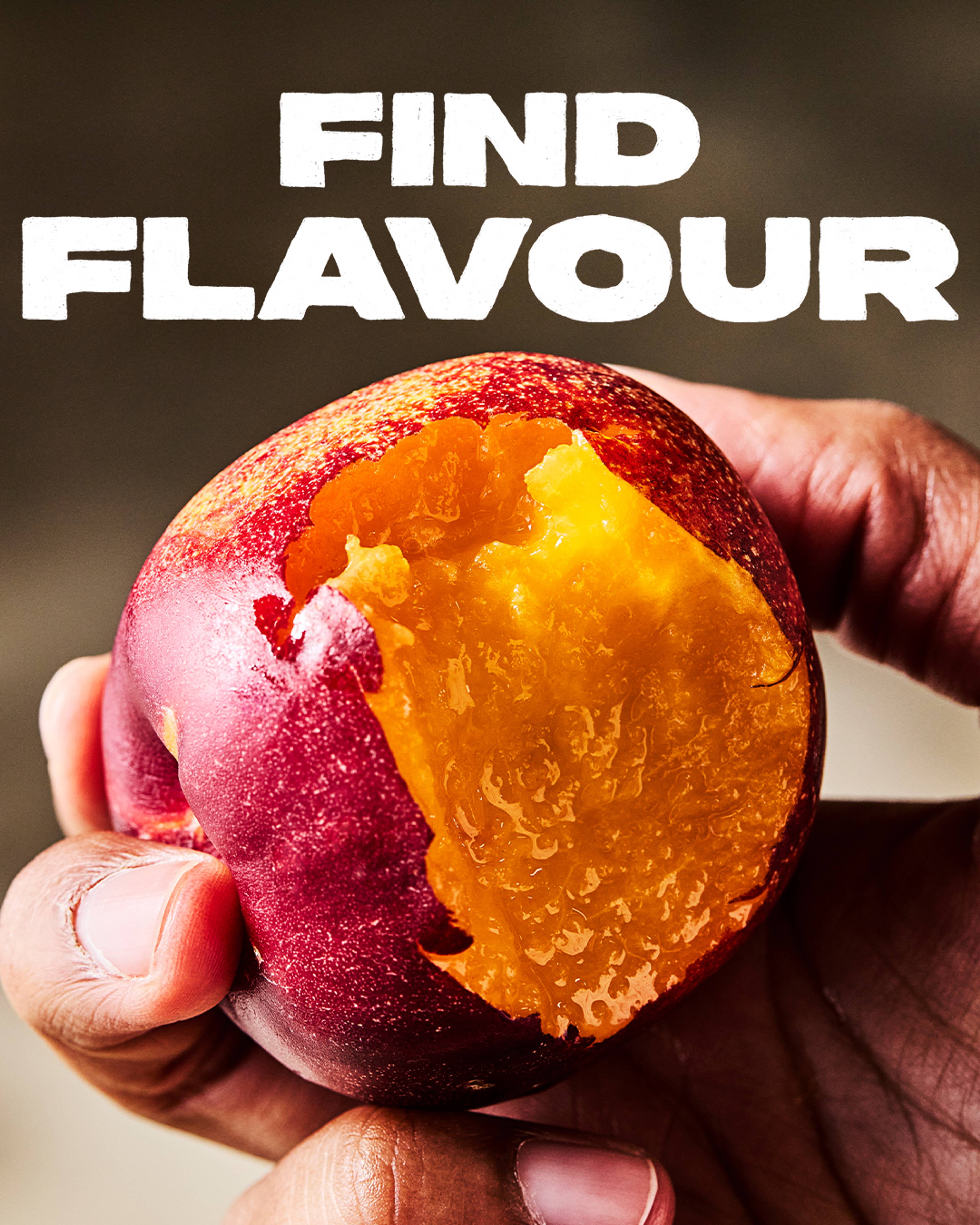 nectarine with a bite taken out of it with copy overlay 'find flavour'