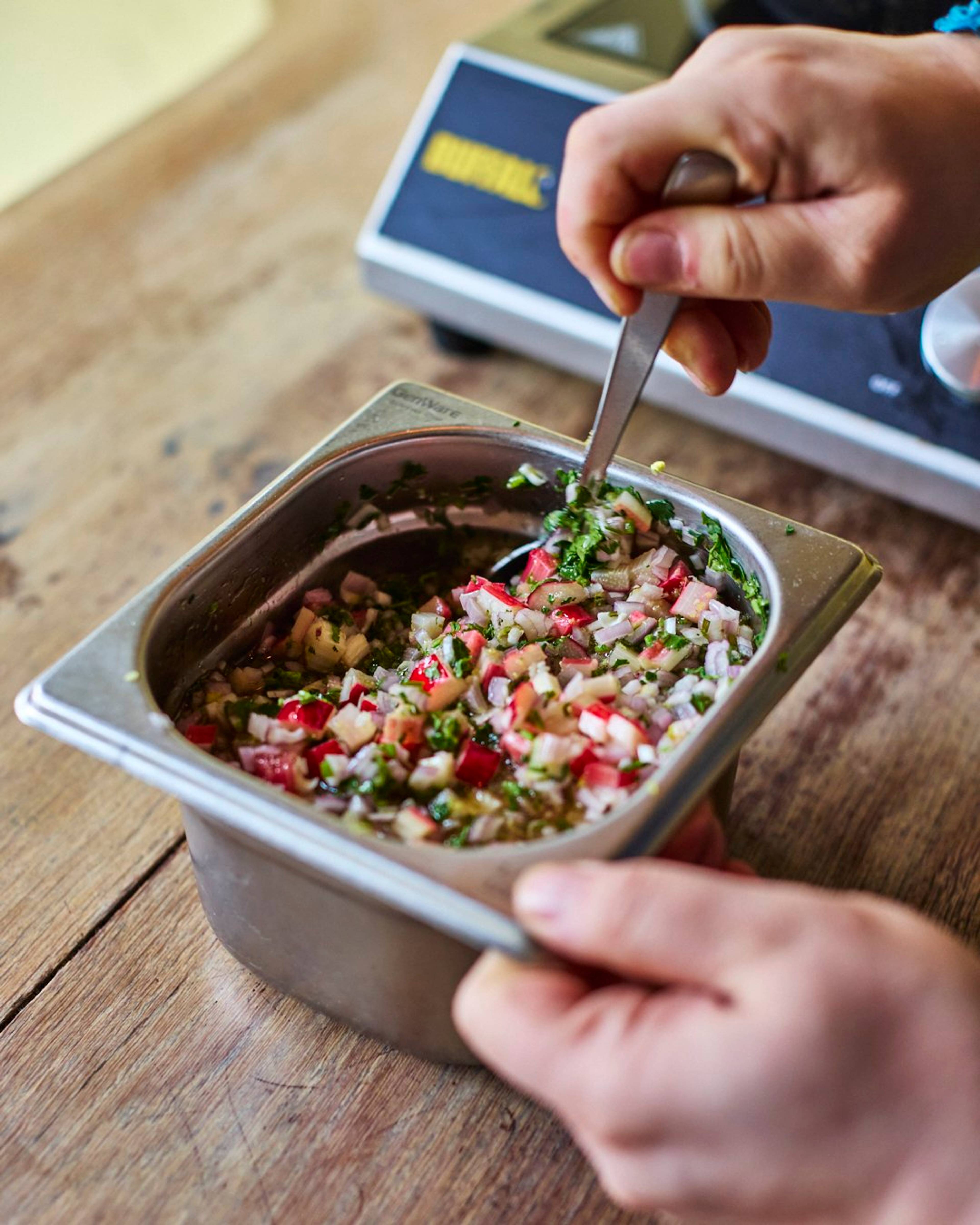 mixing the rhubarb gastrique