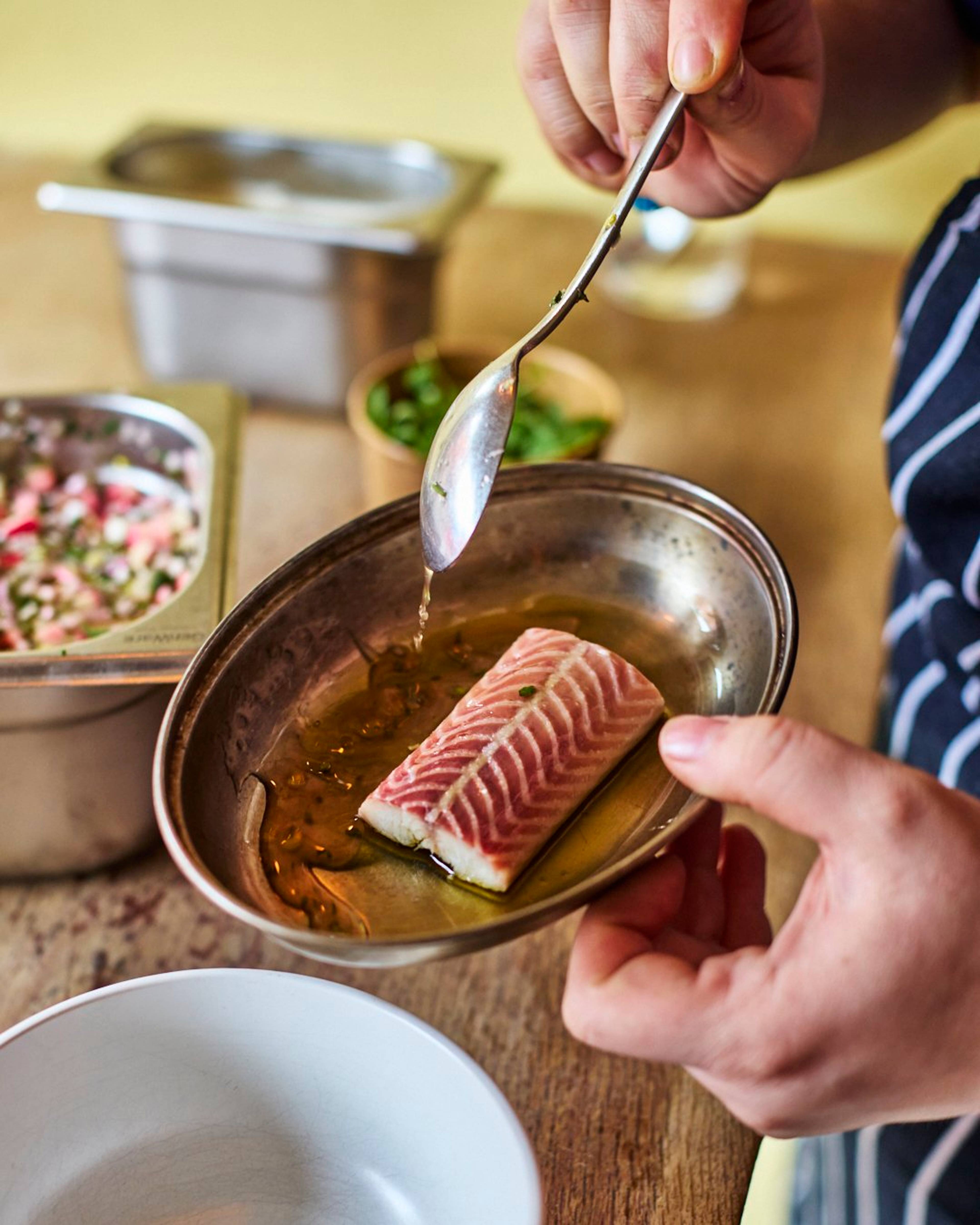 dressing the eel with gastrique liquid