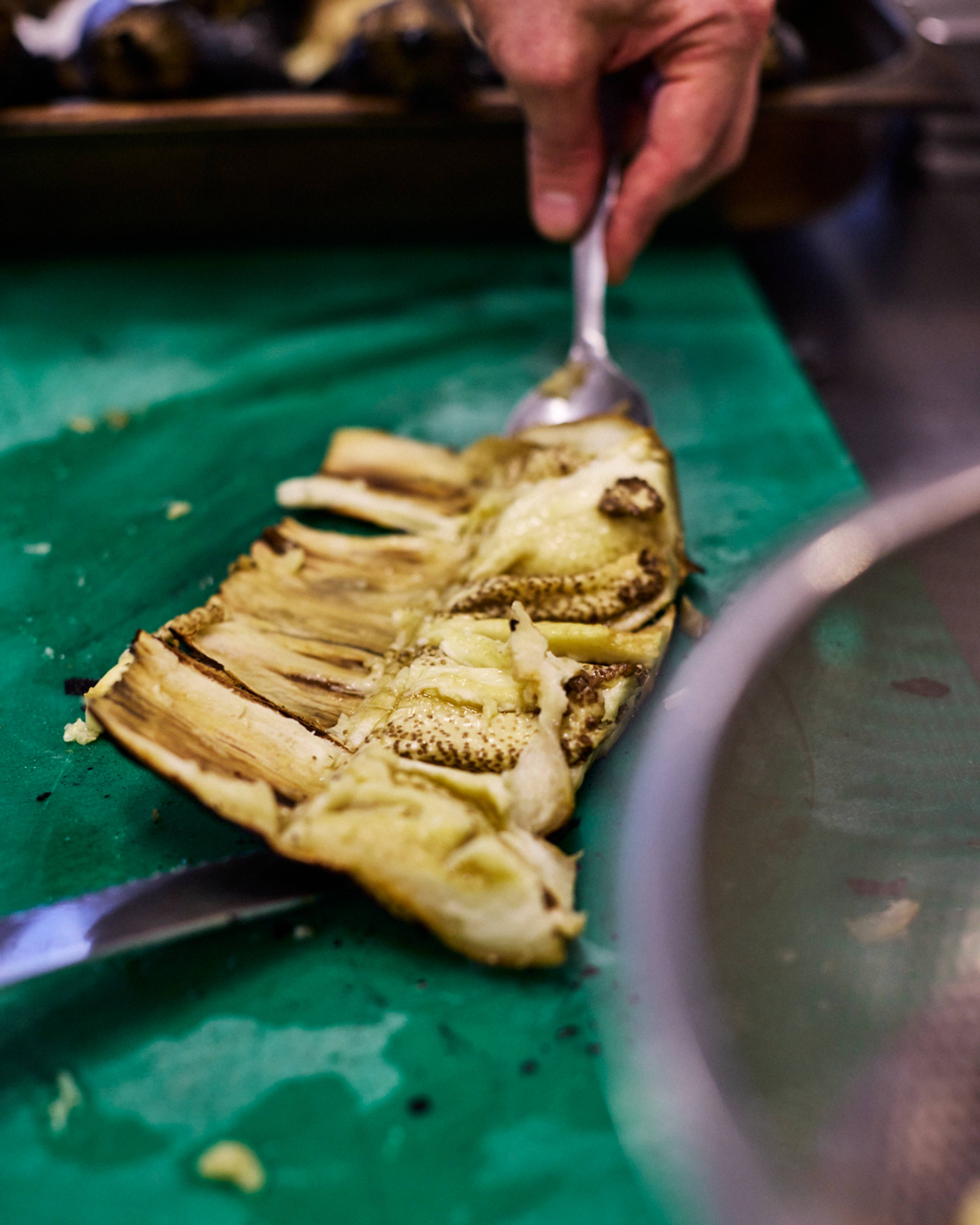 cooked aubergine cut open