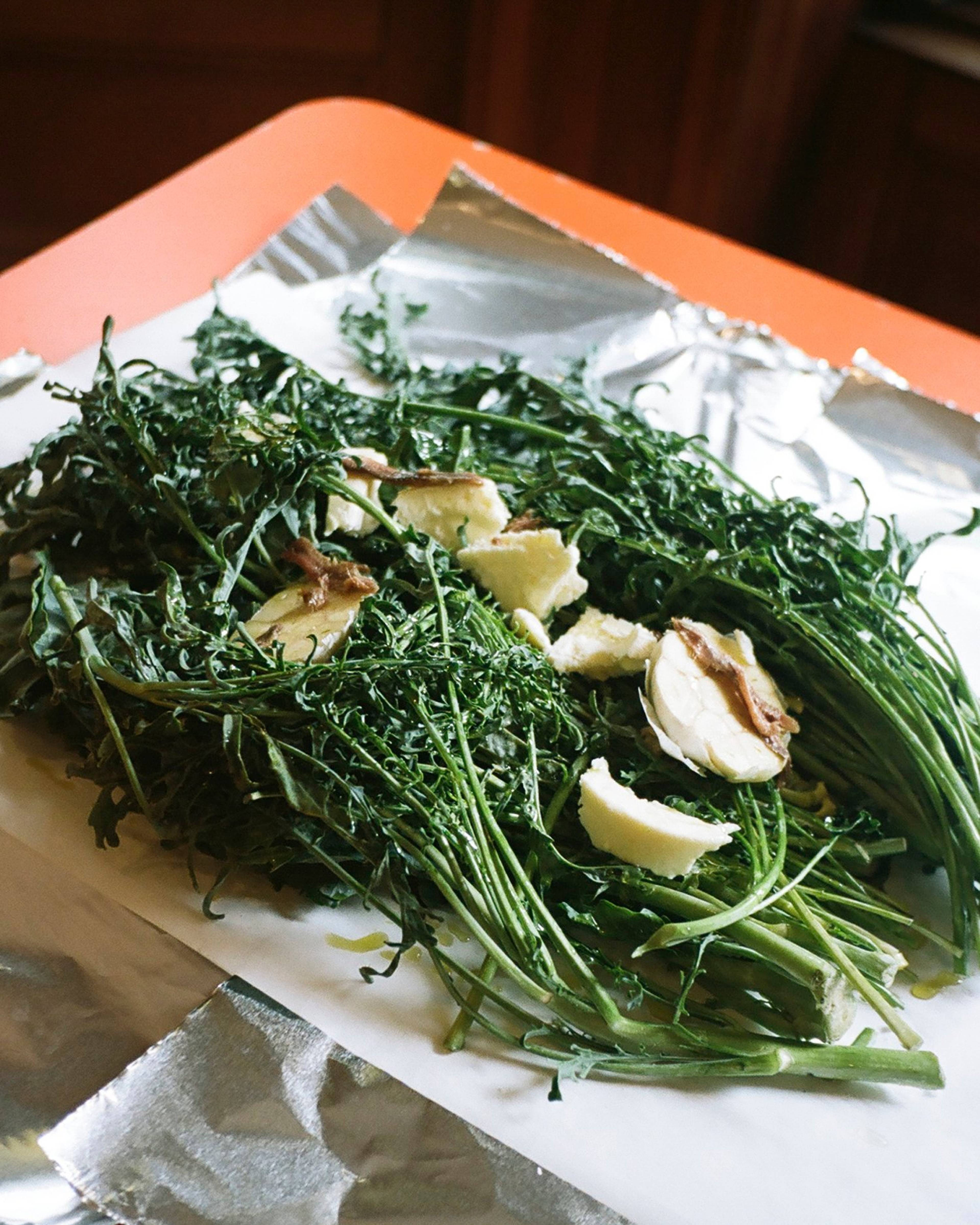 spigarello in foil before cooking