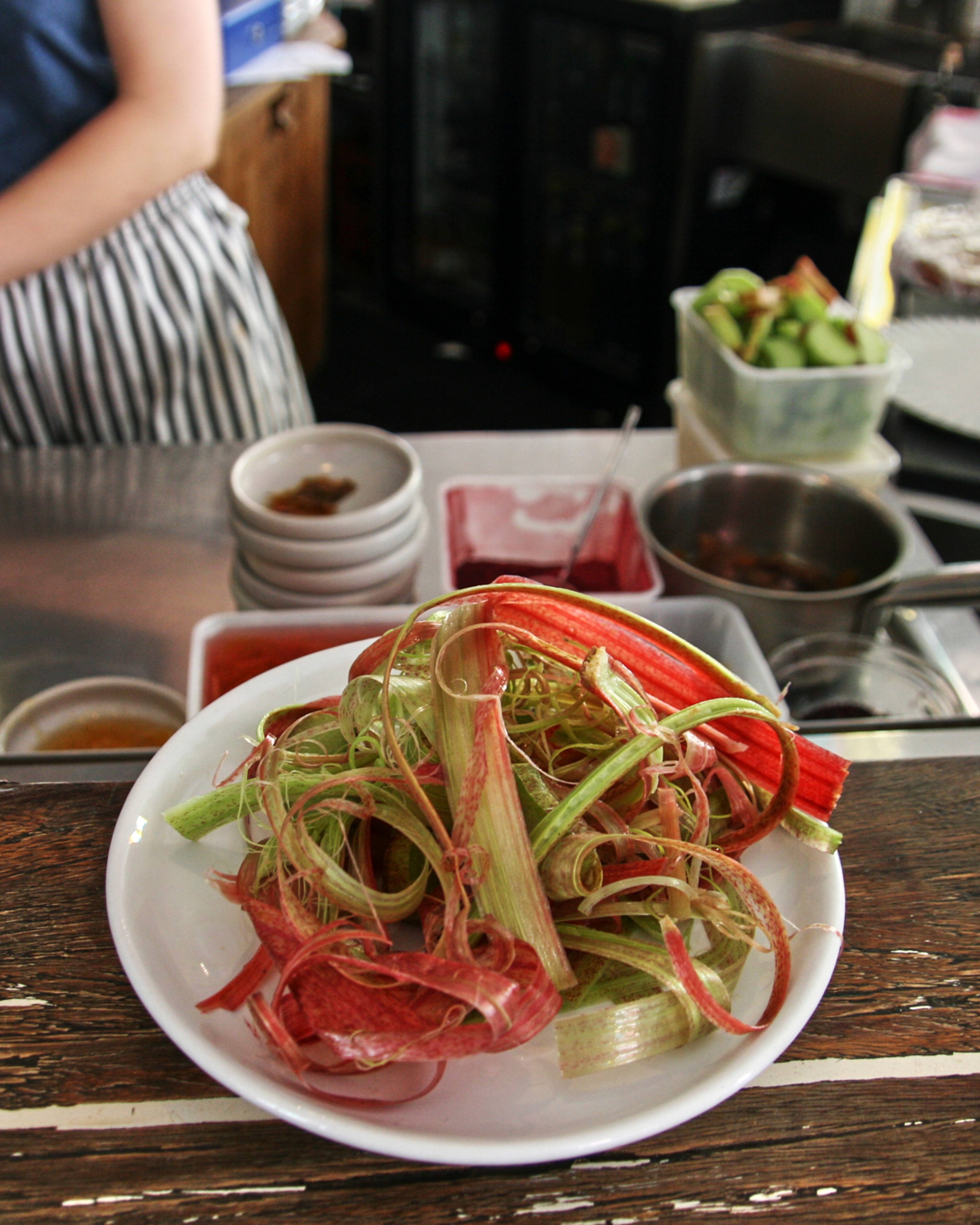 rhubarb peels on a plate