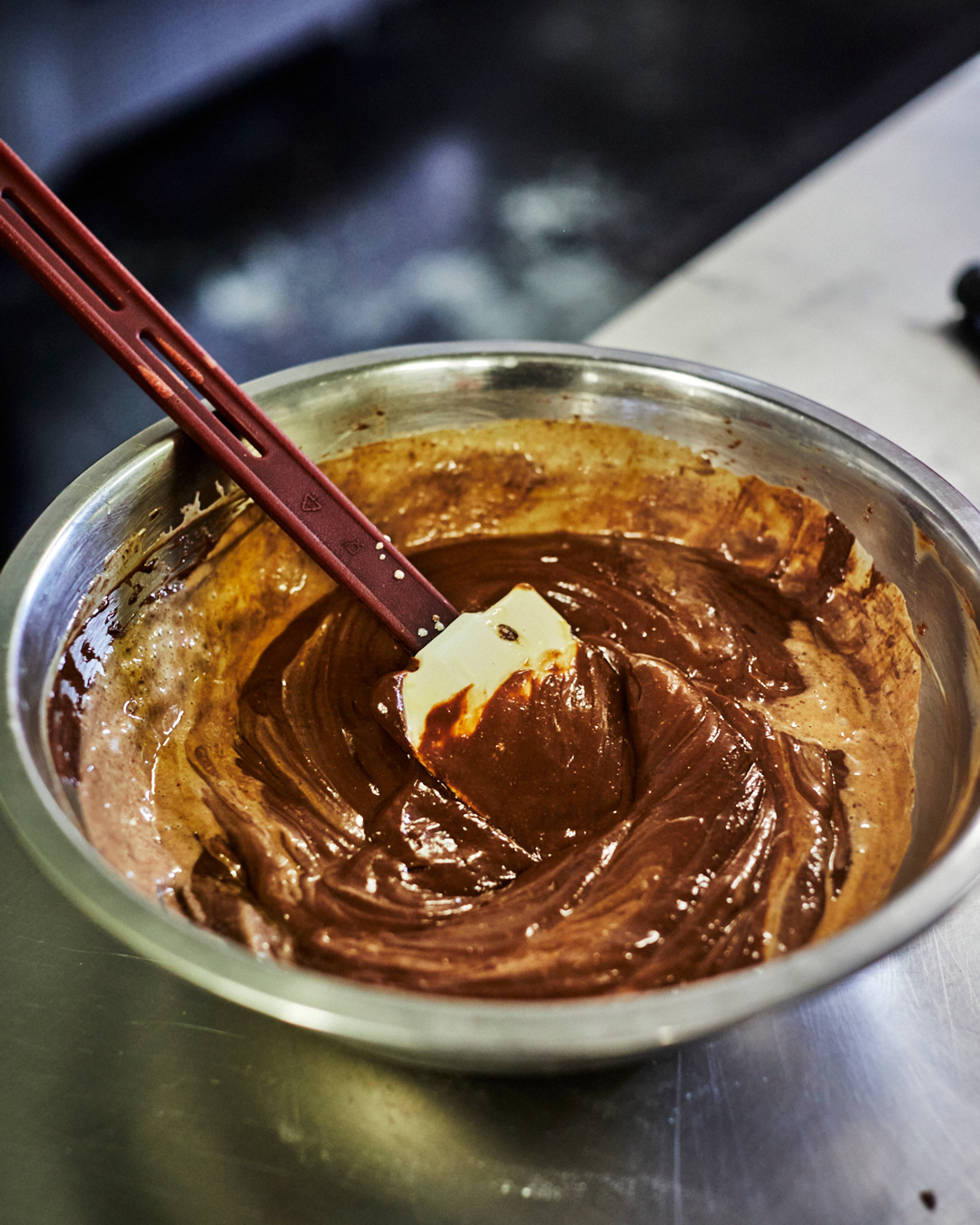 chocolate mousse mix in a bowl with a spatula