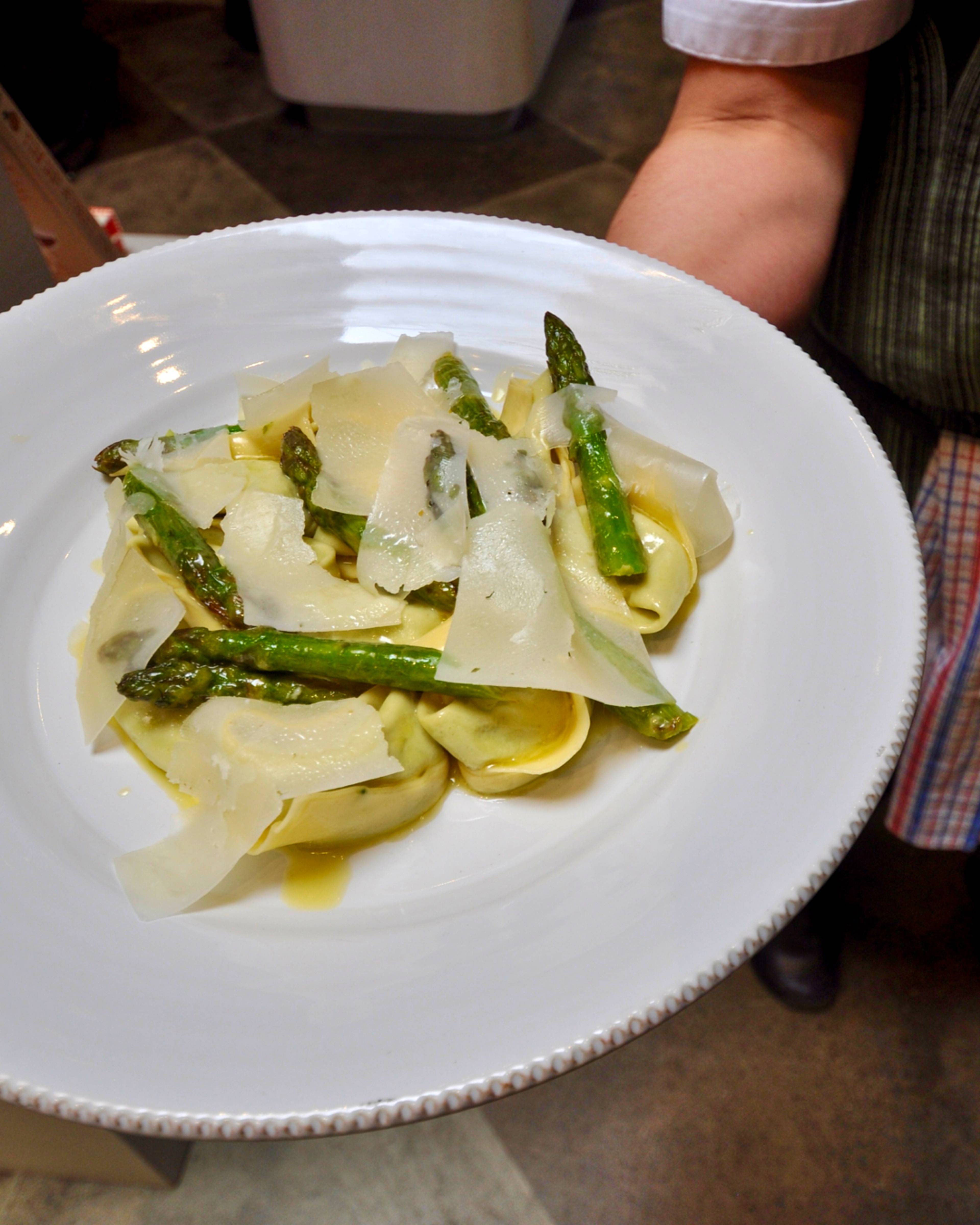 plated tortellini and asparagus dish