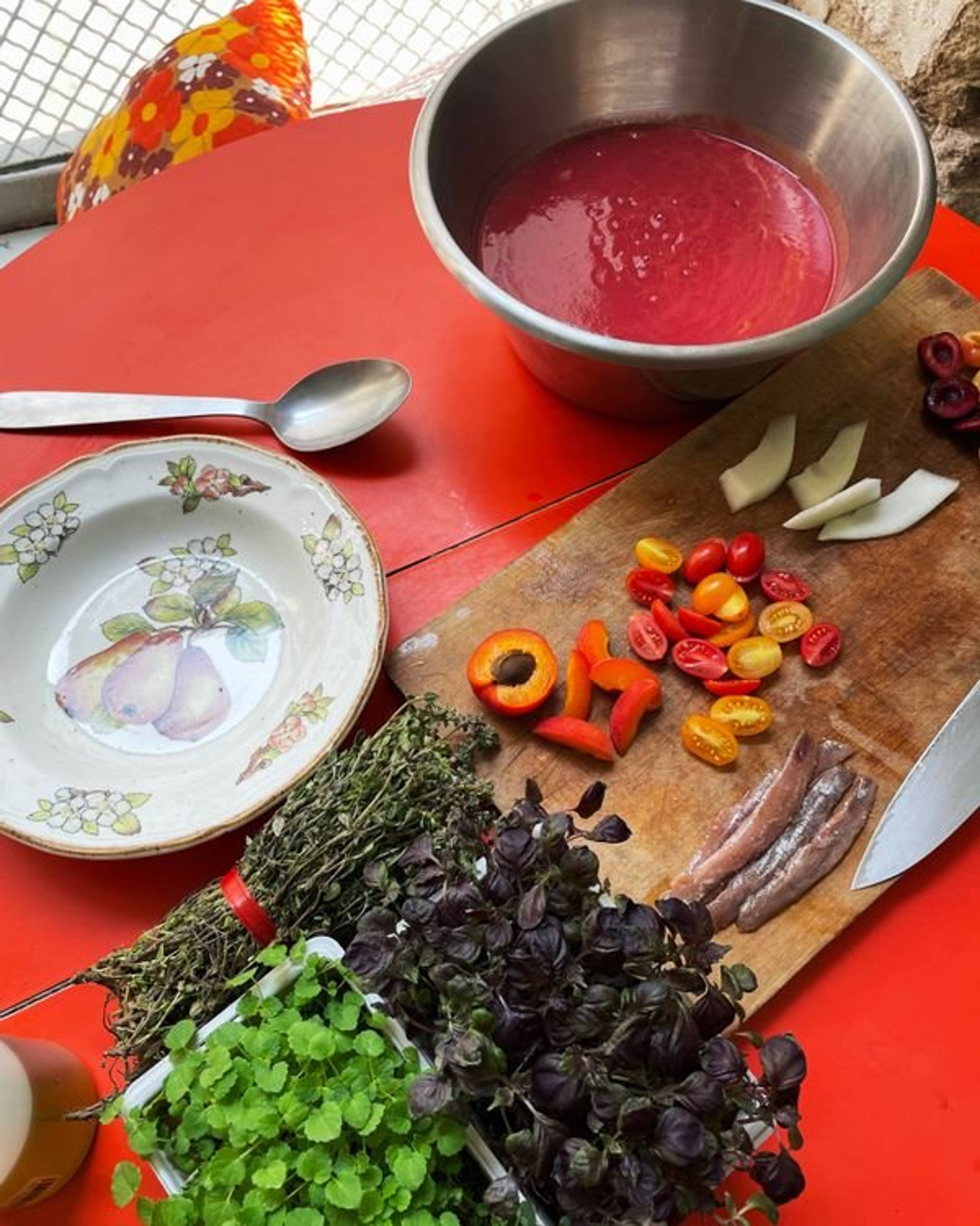 mise en place for the cherry salmorejo