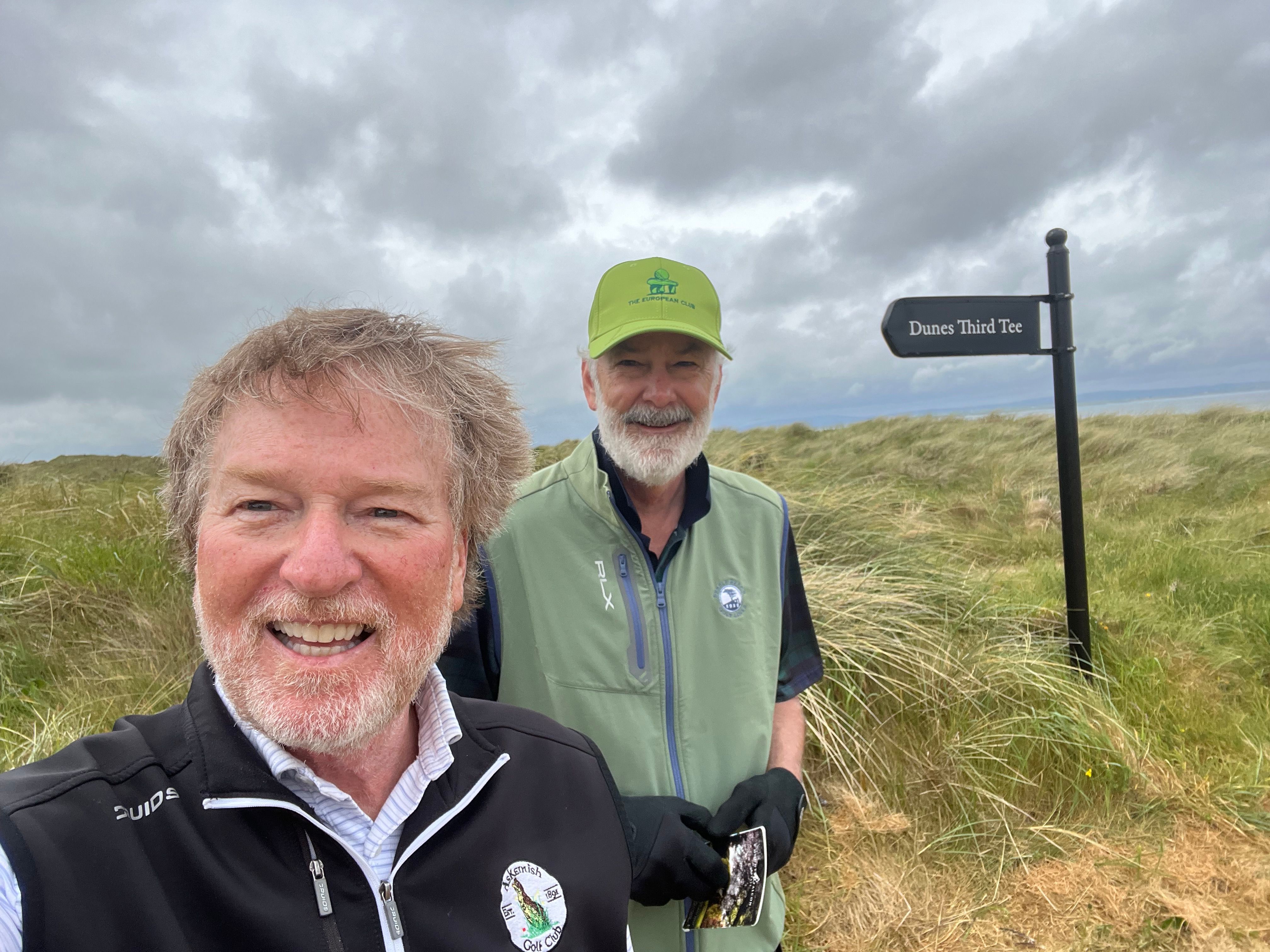 Number 2, Kilcummin, the first of the par-5’s, is 469-yard sharp dogleg right, where the fairway narrows up the hill to an infinity green suspended above the beach—I cannot recall it having any bunkers. Number 4, Nephin, is 518-yards, and uphill right to left off the tee around a huge dune. It then winds down and narrows to the green complex—again no bunkers needed. Number 7, Hacketts, the last of the par-5’s on the front, is wide-open, with no dunes defining the fairway. One single, tiny pot bunker lies up the left side near the landing area, and three diagonal, large pot bunkers cross right to left, about 60 yards short of the elevated green.  Number 5, Ox Mountains, is a 390-yard par-4, was my favorite on the front. It actually has three fairway bunkers and a burn that snakes around to the right side off the tee. The two pot bunkers on the left of the green bait you to go long where there is deep gorse to gobble-up your ball. 