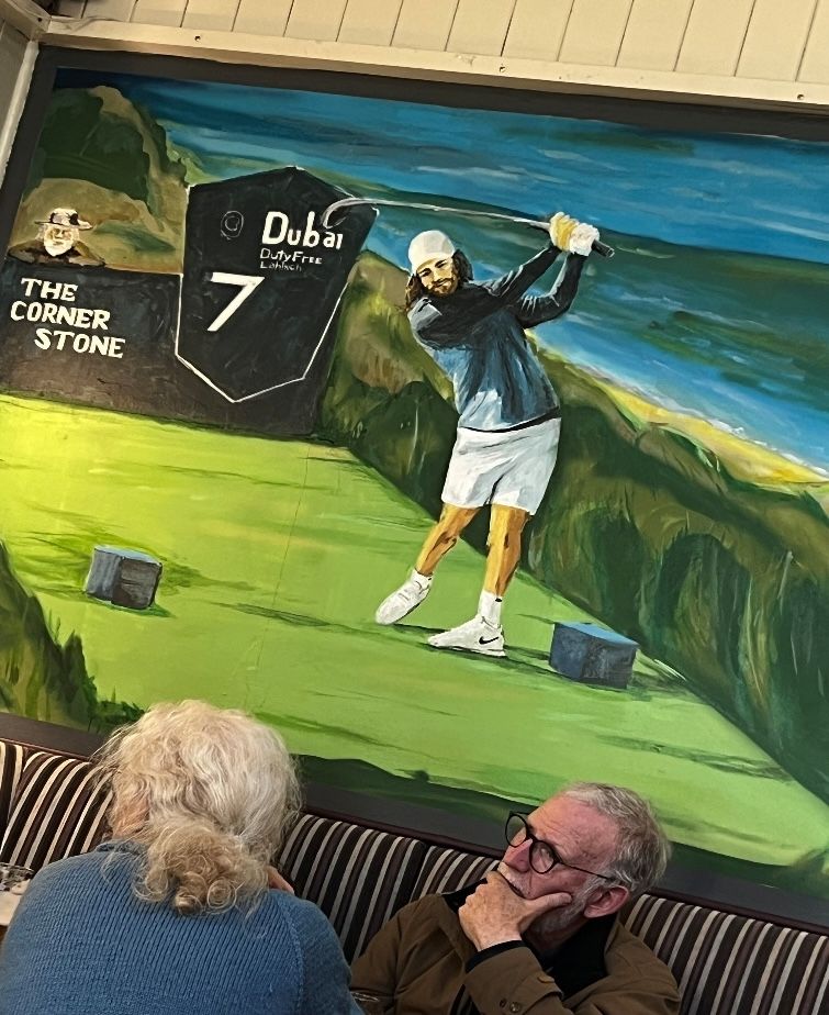 a drawing of a young golfer swinging 