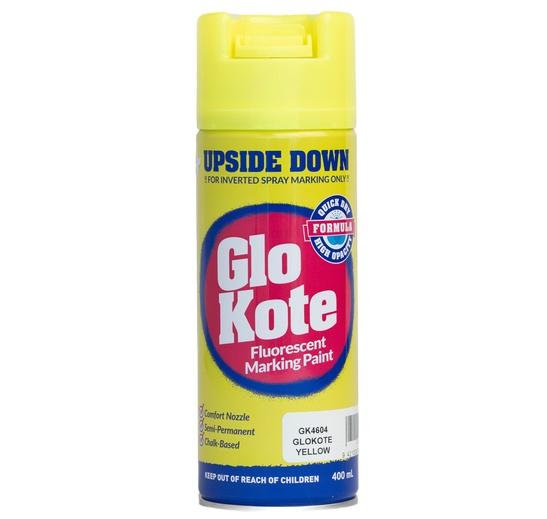 a bottle of GloKote Upside Down paint in yellow
