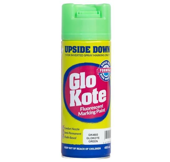a can of GloKote Upside Down fluorescent marking paint in green .