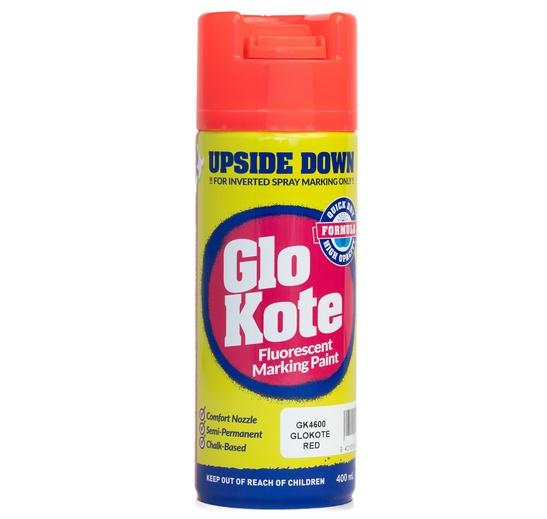 a can of Glokote Upside Down fluorescent marking paint in orange . a can of Glokote Upside Down fluorescent marking paint in orange .