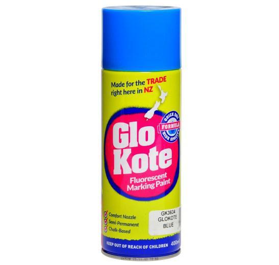 a can of glo kote fluorescent marking paint in blue . a can of glo kote fluorescent marking paint in blue .