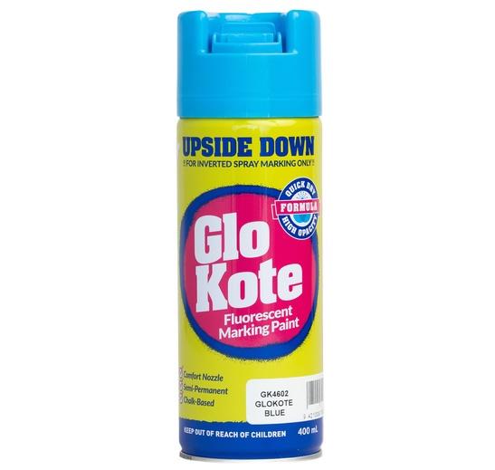 a can of GloKote Upside Down fluorescent marking paint in blue .