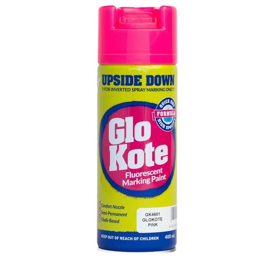 a bottle of GloKote Upsdie Down fluorescent marking paint in pink .