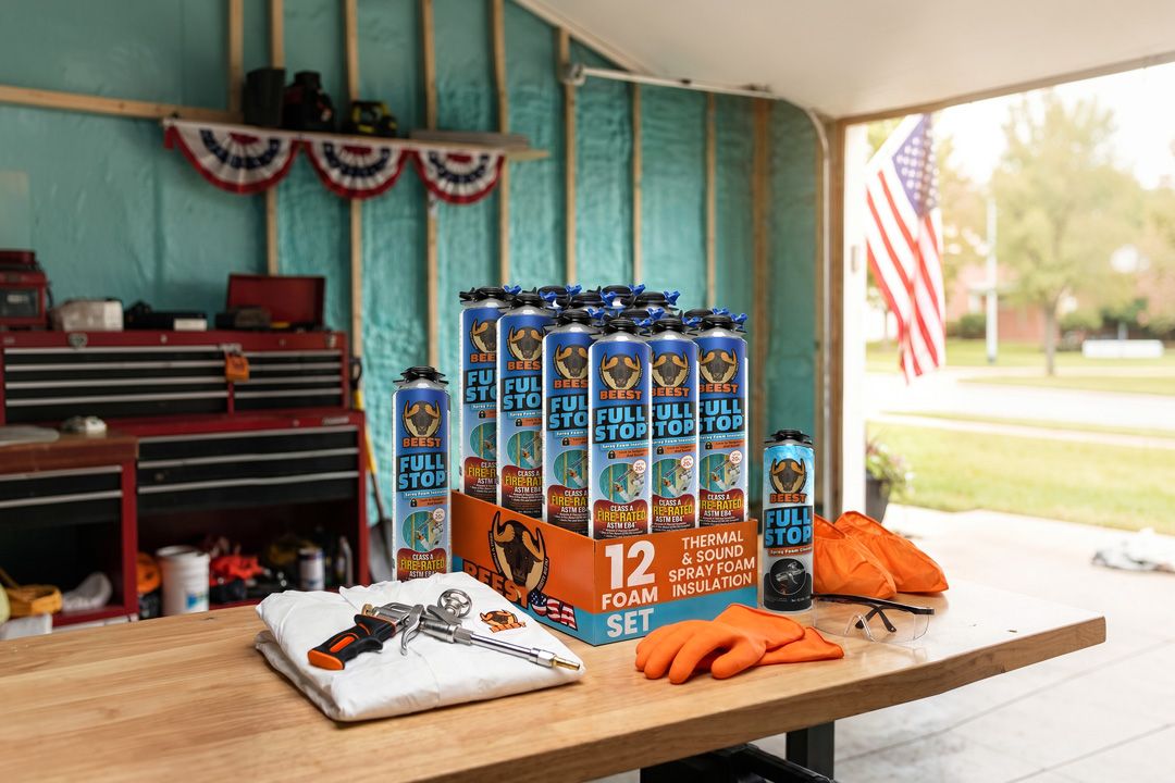 BEEST FULLSTOP spray foam insulation kit — cans, Pro-X metal gun, cleaner, and PPE