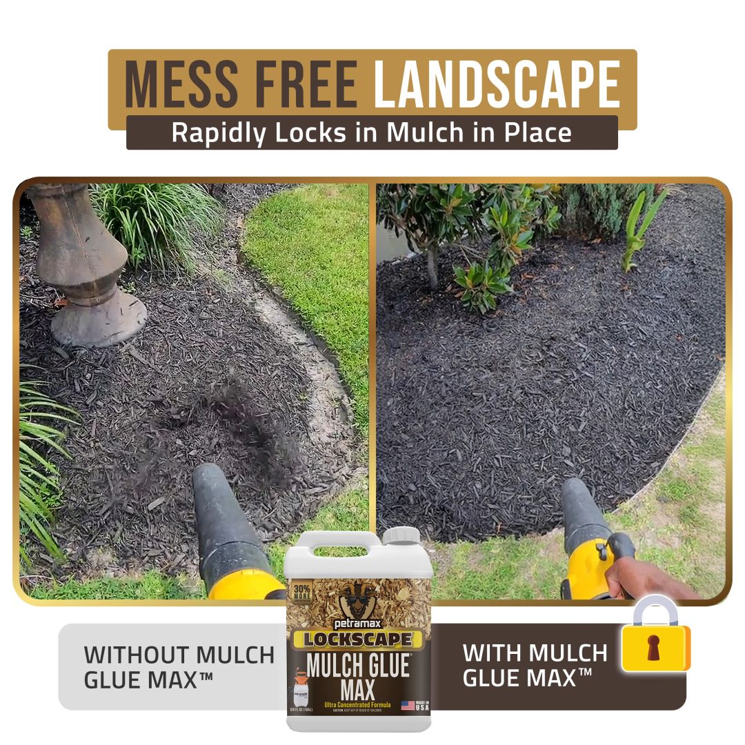 PetraMax LockScape Mulch Glue Max kit, pump sprayer, and a freshly treated mulch bed