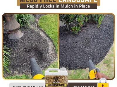 PetraMax LockScape Mulch Glue Max kit, pump sprayer, and a freshly treated mulch bed