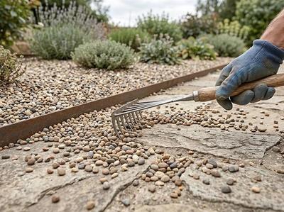 Pea gravel scatter after a rain event — the predictable maintenance problem most homeowners have learned to accept