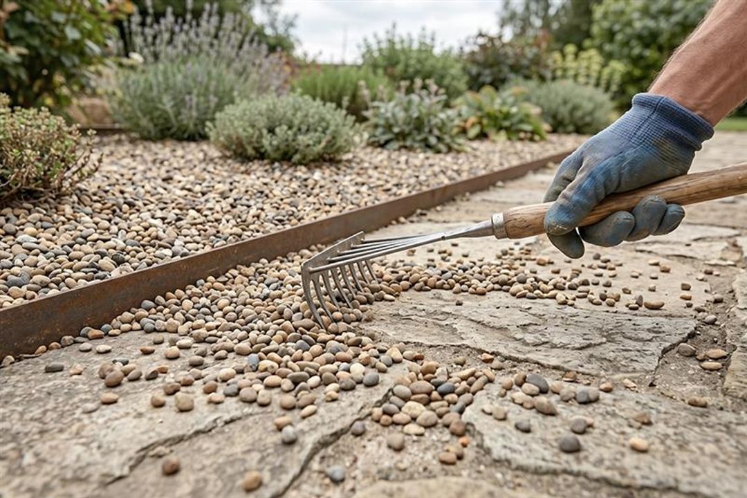 Pea gravel scatter after a rain event — the predictable maintenance problem most homeowners have learned to accept