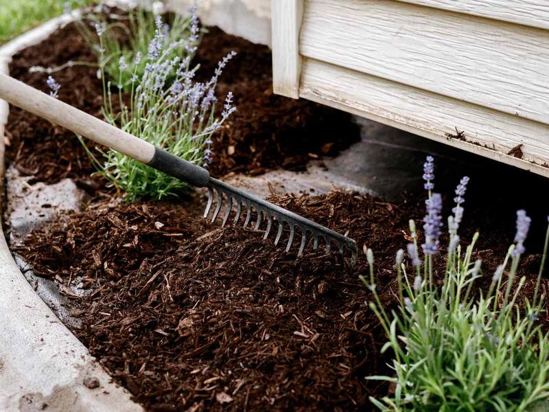 A freshly mulched garden bed at the edge of a residential lawn