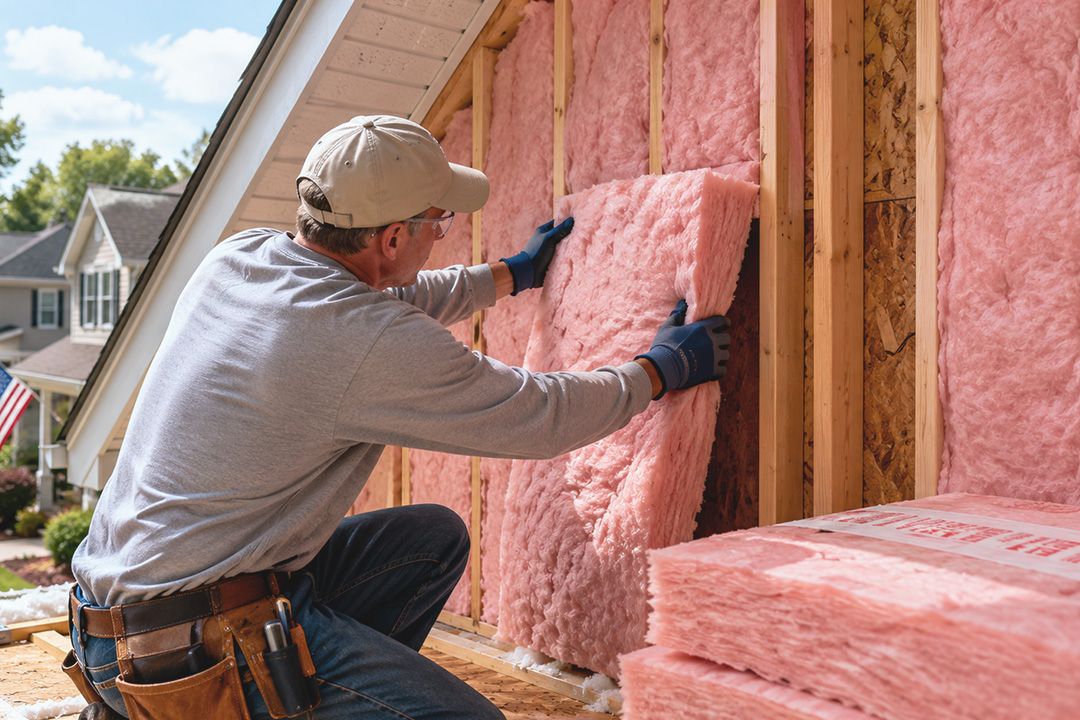 Pink fiberglass batt insulation installed in a typical American home wall cavity
