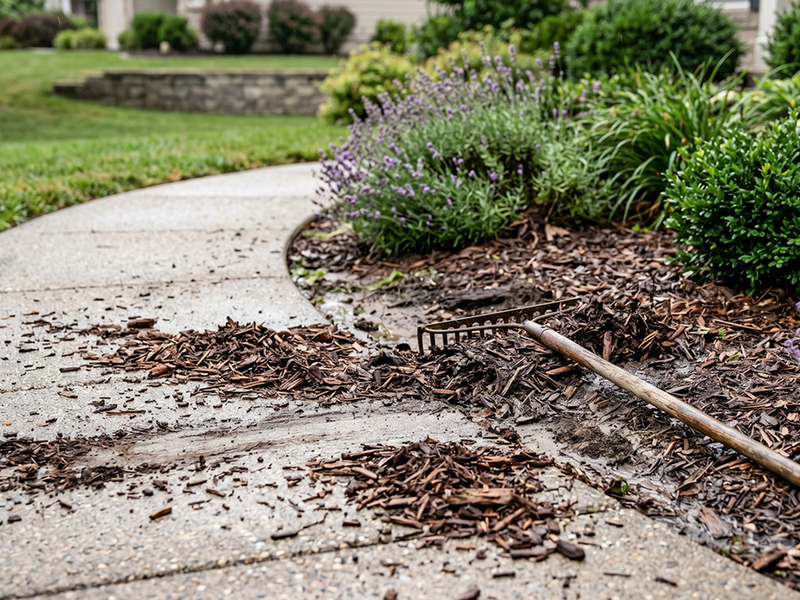 A freshly mulched garden bed at the edge of a residential lawn