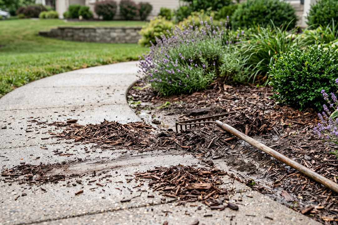 A freshly mulched garden bed at the edge of a residential lawn