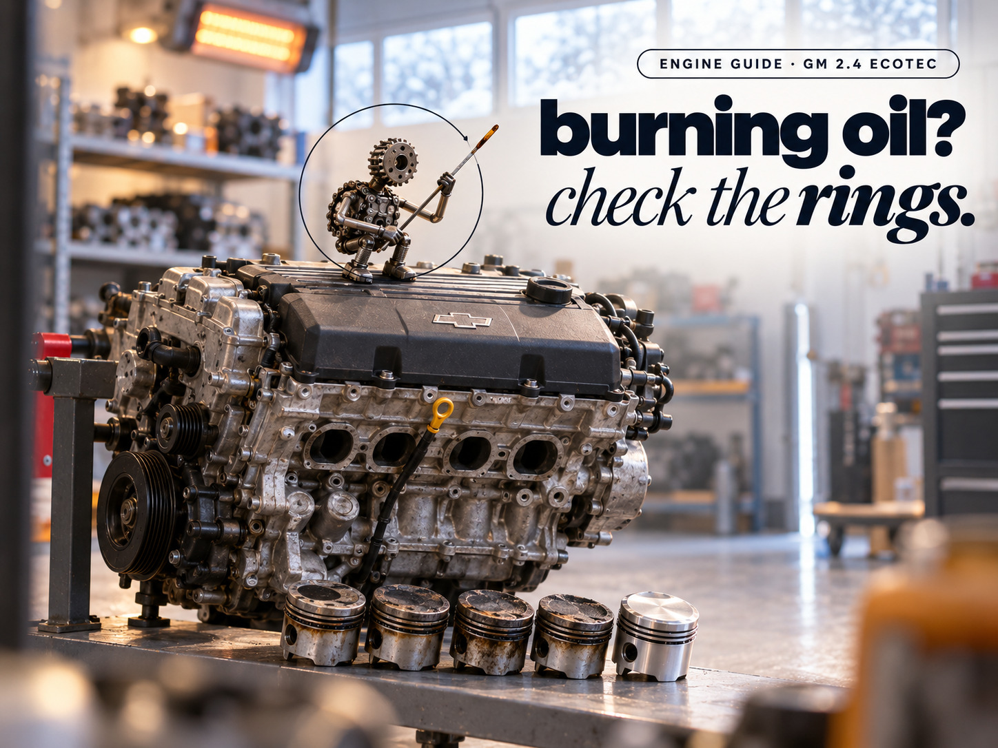 A small figure made of a timing chain and cam sprocket reading a dipstick on top of a four-cylinder engine, headline "burning oil? check the rings."