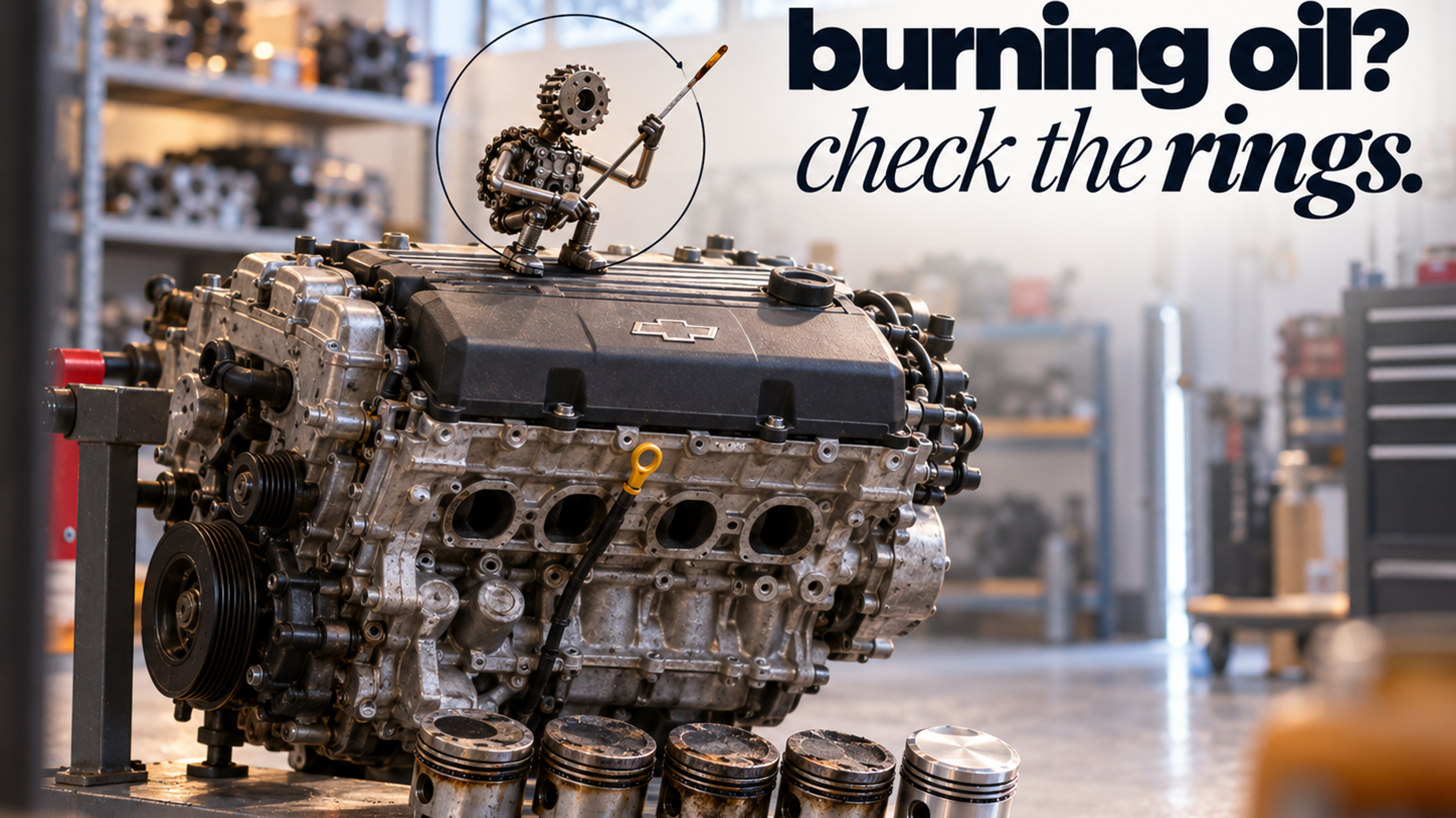 A small figure made of a timing chain and cam sprocket reading a dipstick on top of a four-cylinder engine, headline "burning oil? check the rings."
