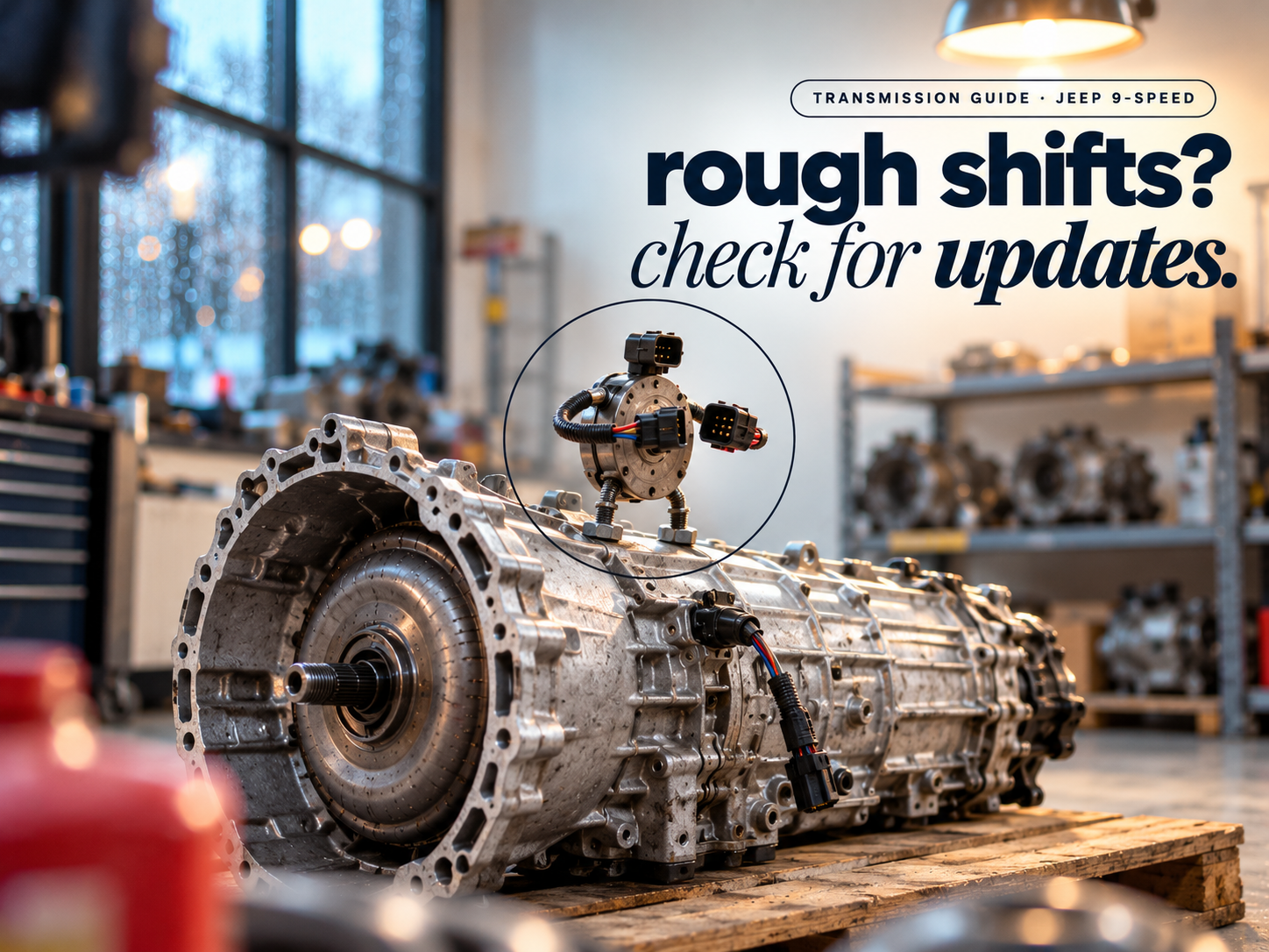 A small figure made of an oil pump housing and wiring connectors plugging two connectors together on top of a 9-speed transaxle, headline "rough shifts? check for updates."