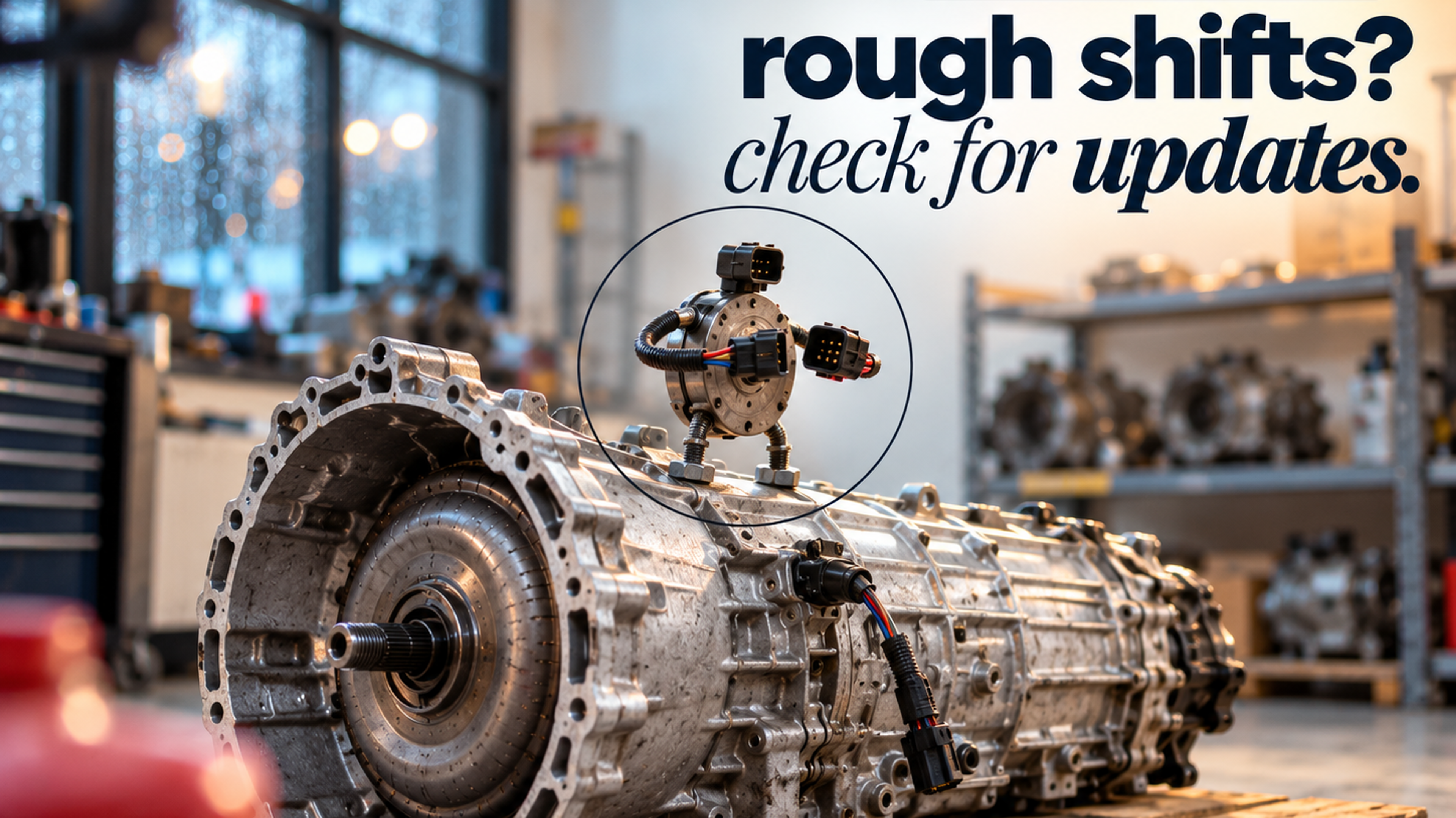 A small figure made of an oil pump housing and wiring connectors plugging two connectors together on top of a 9-speed transaxle, headline "rough shifts? check for updates."