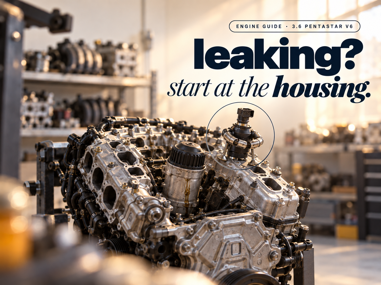 A small figure made of an oil filter cap and rocker arms sitting beside the oil filter housing in the valley of a 3.6 V6, headline "leaking? start at the housing."