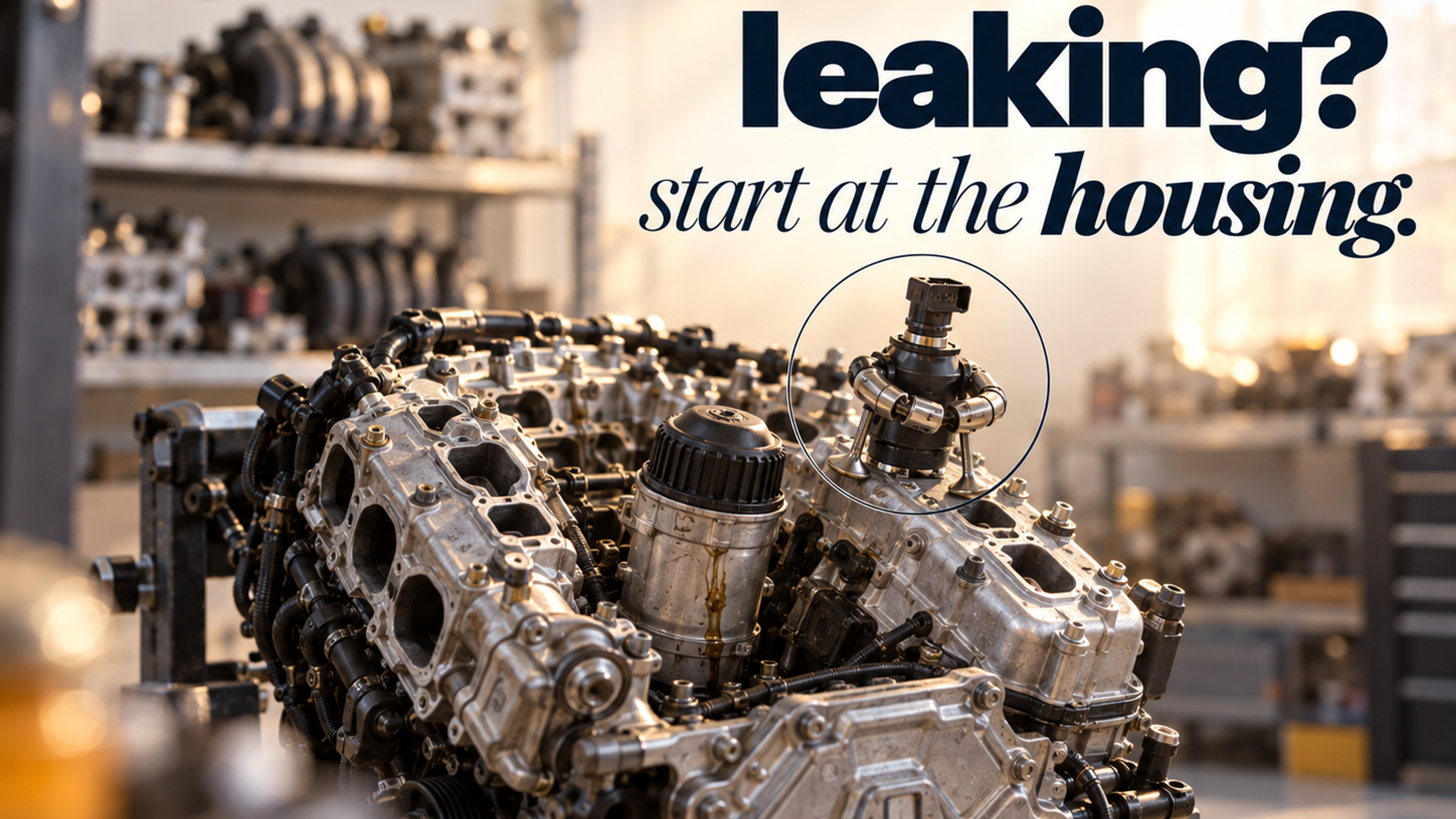 A small figure made of an oil filter cap and rocker arms sitting beside the oil filter housing in the valley of a 3.6 V6, headline "leaking? start at the housing."