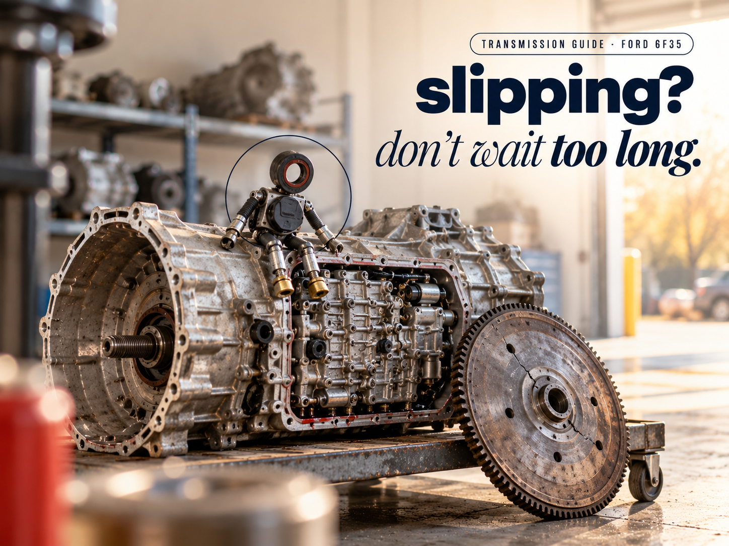 A small figure made of a range sensor and axle seal sitting on a 6-speed transaxle, looking down at a cracked flexplate, headline "slipping? don't wait too long."