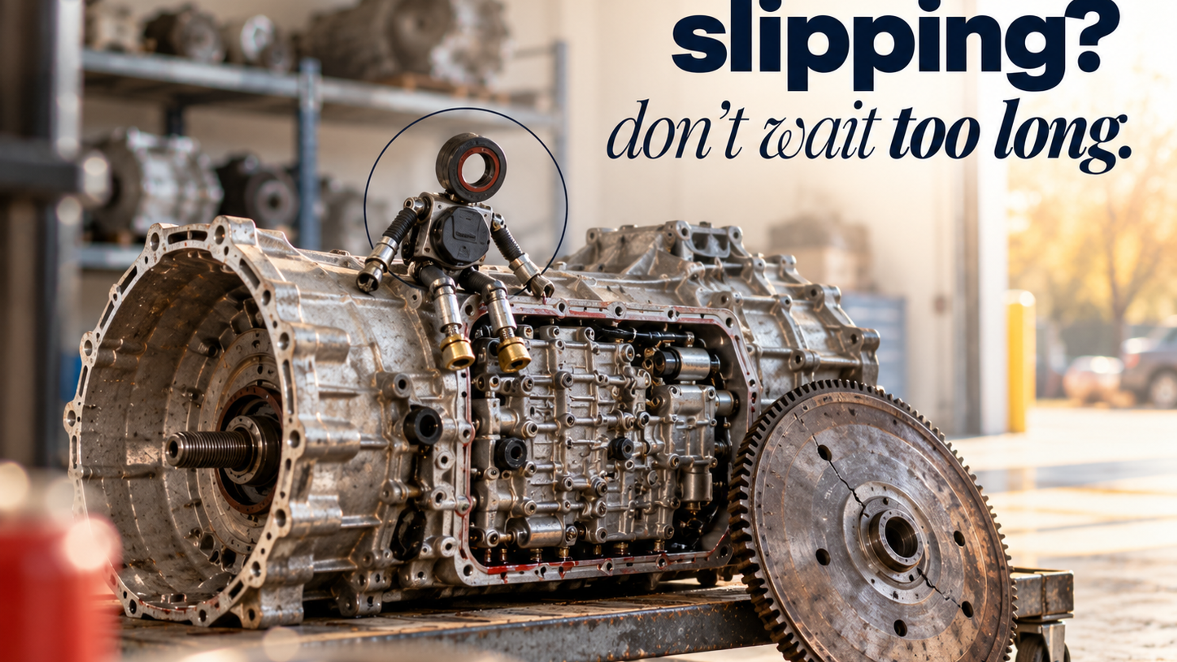 A small figure made of a range sensor and axle seal sitting on a 6-speed transaxle, looking down at a cracked flexplate, headline "slipping? don't wait too long."