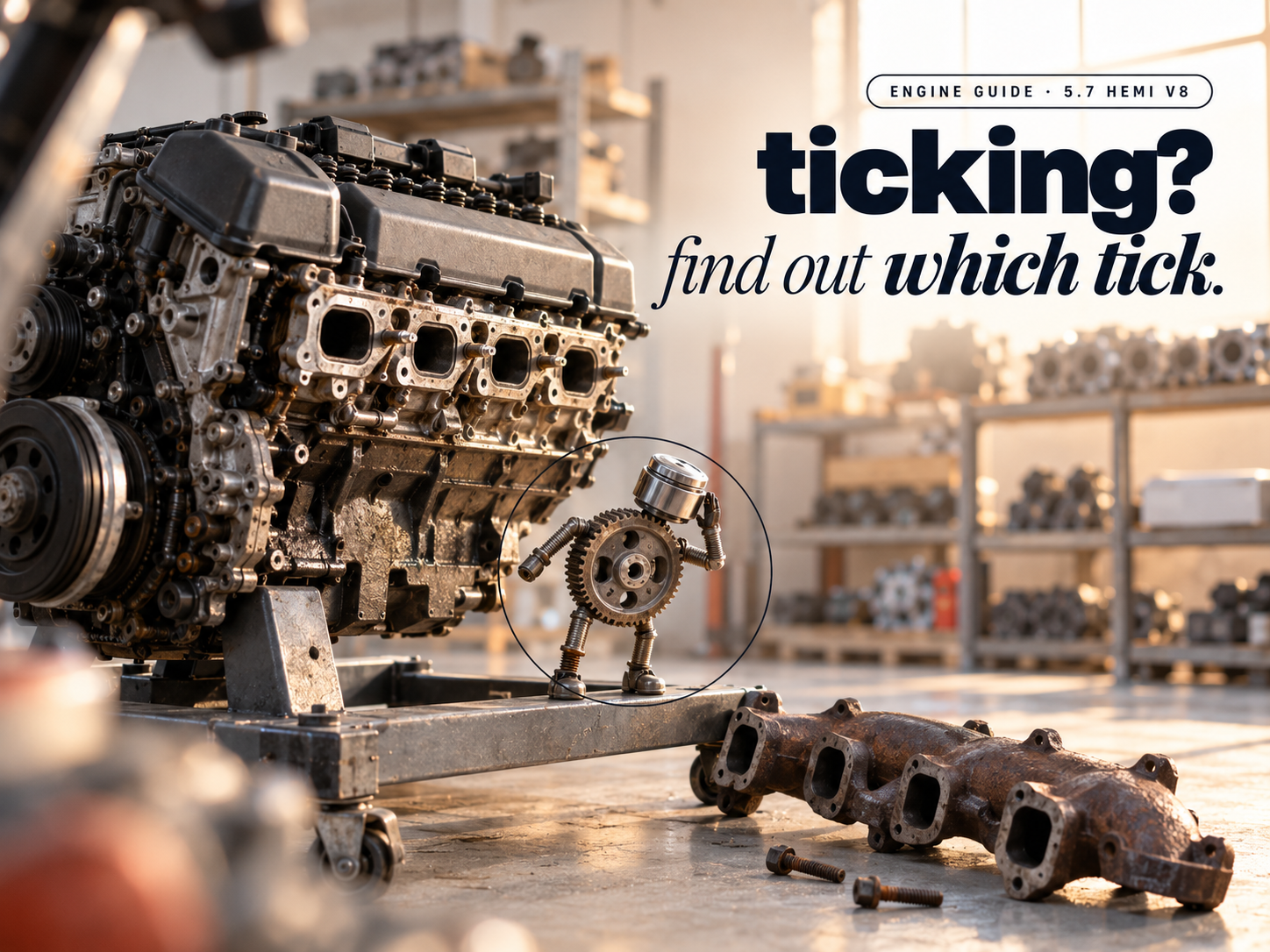 A small figure made of a timing gear and chrome breather cap leaning in to listen beside a V8 engine with its exhaust manifold removed, headline "ticking? find out which tick."