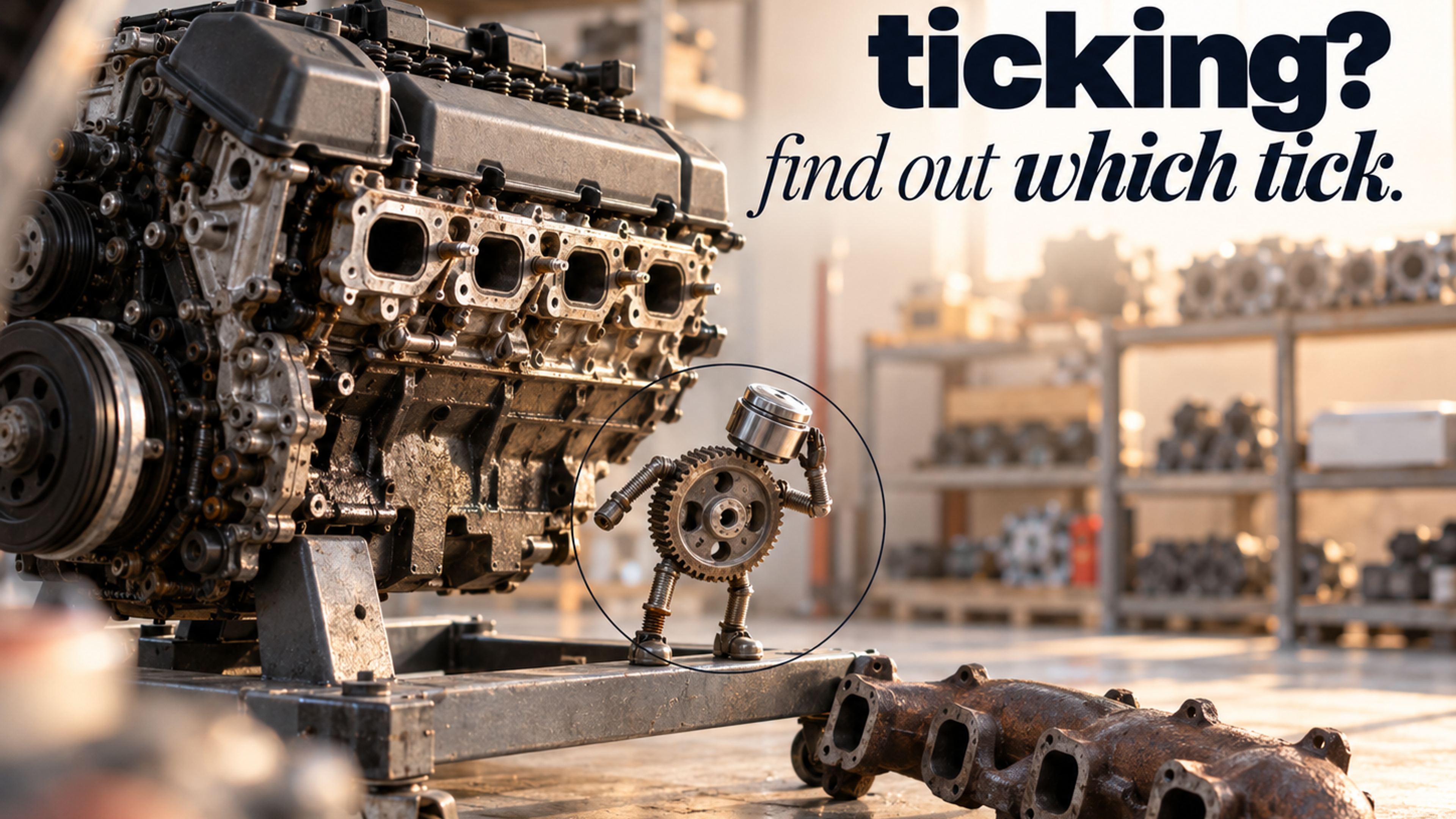 A small figure made of a timing gear and chrome breather cap leaning in to listen beside a V8 engine with its exhaust manifold removed, headline "ticking? find out which tick."