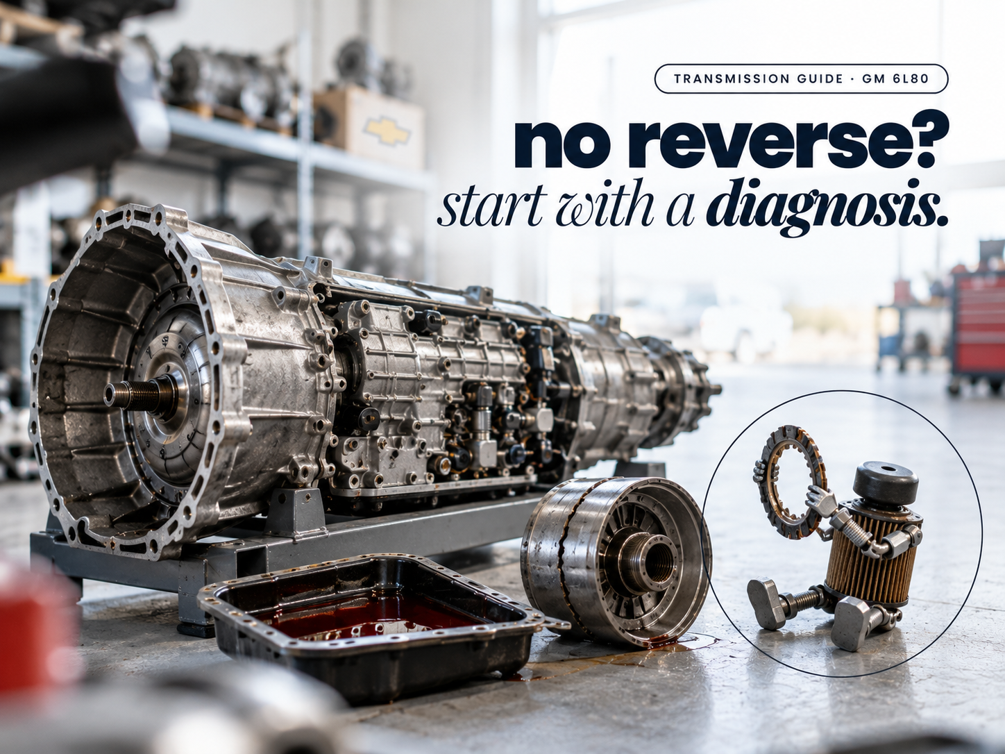 A small figure made of a transmission filter and pan magnet holding up a cracked clutch plate beside a 6-speed transmission with its pan removed, headline "no reverse? start with a diagnosis."