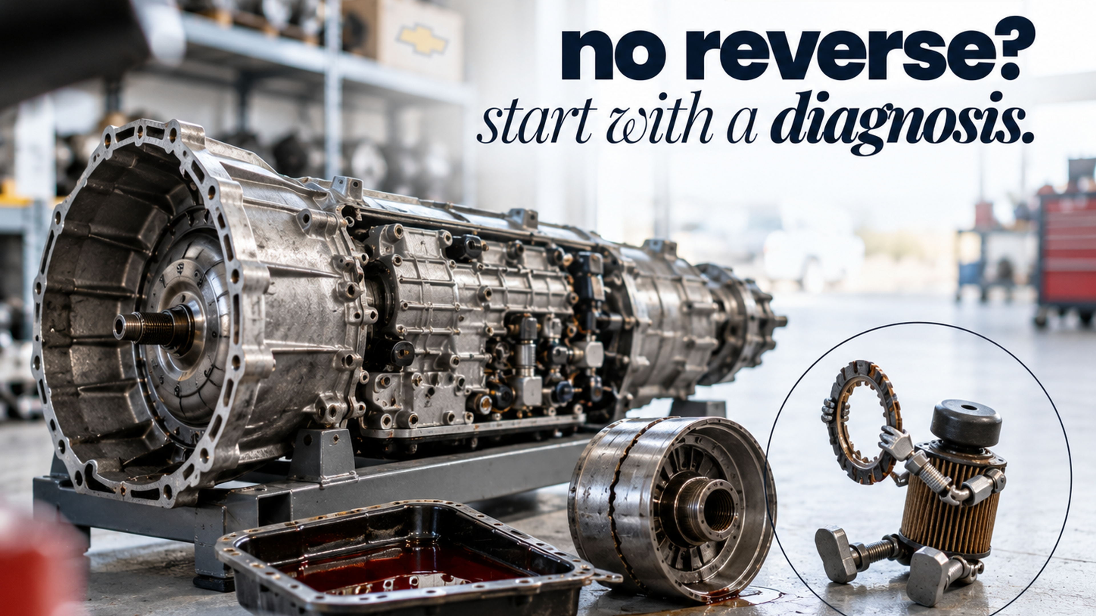 A small figure made of a transmission filter and pan magnet holding up a cracked clutch plate beside a 6-speed transmission with its pan removed, headline "no reverse? start with a diagnosis."