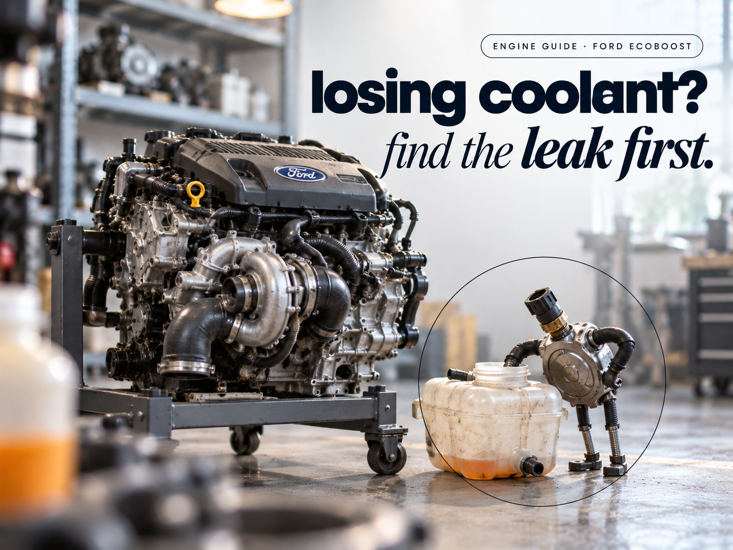 A small figure made of a radiator cap and heater hoses peering into a nearly empty coolant reservoir beside a turbo four-cylinder engine, headline "losing coolant? find the leak first."