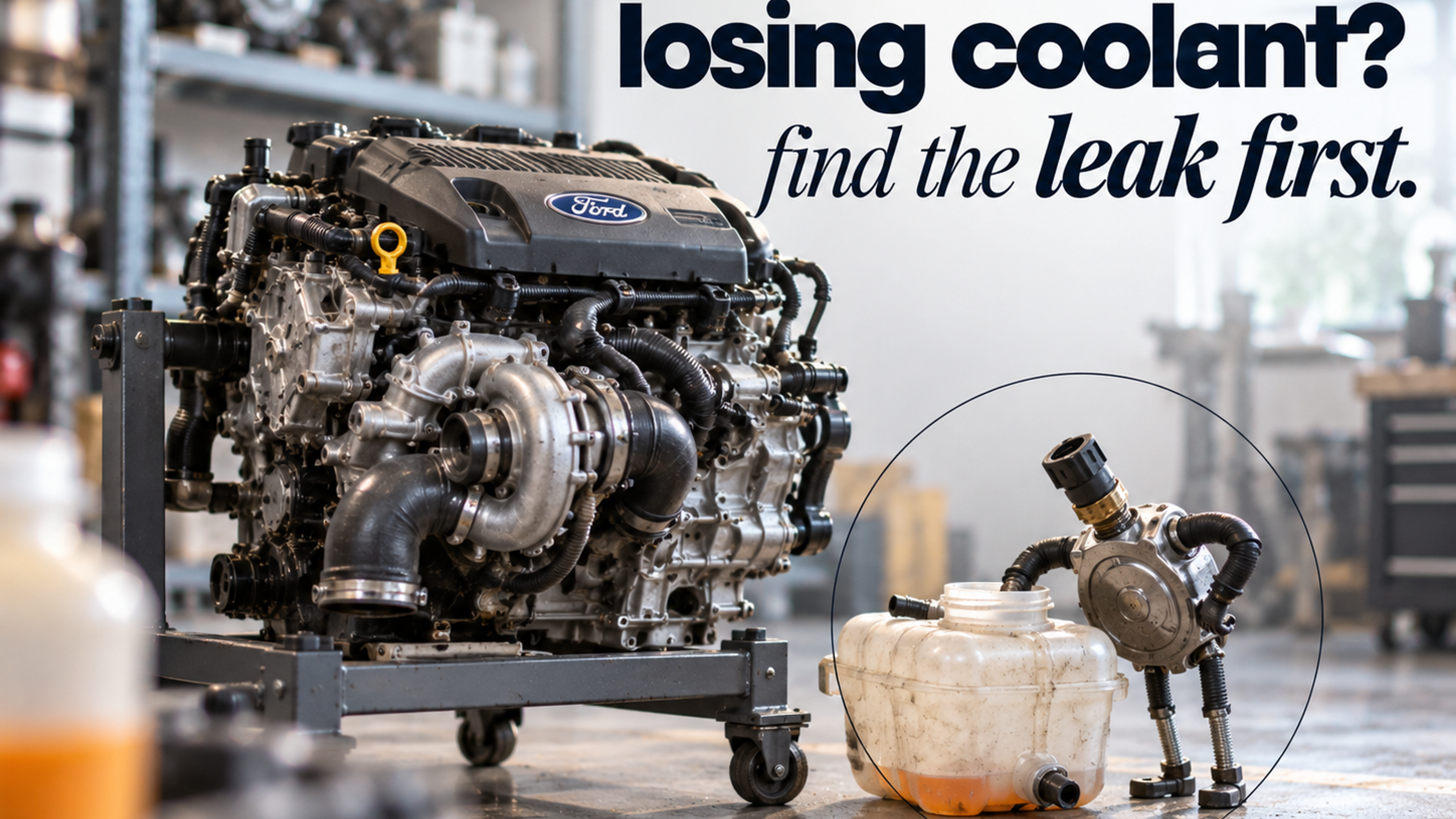 A small figure made of a radiator cap and heater hoses peering into a nearly empty coolant reservoir beside a turbo four-cylinder engine, headline "losing coolant? find the leak first."