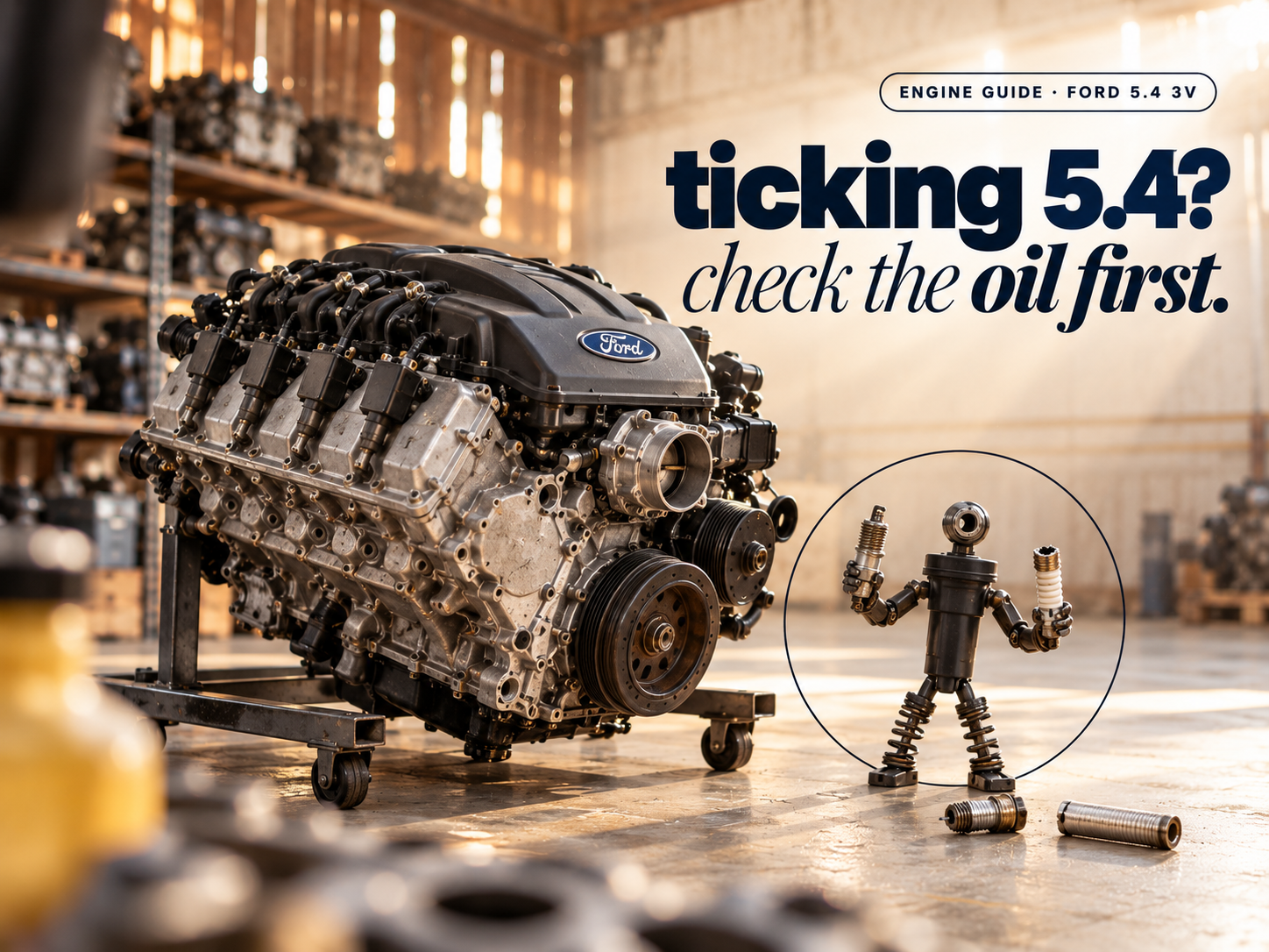 A small figure made of an ignition coil and rocker arms holding up a broken spark plug beside a Ford 5.4 V8, headline "ticking 5.4? check the oil first."