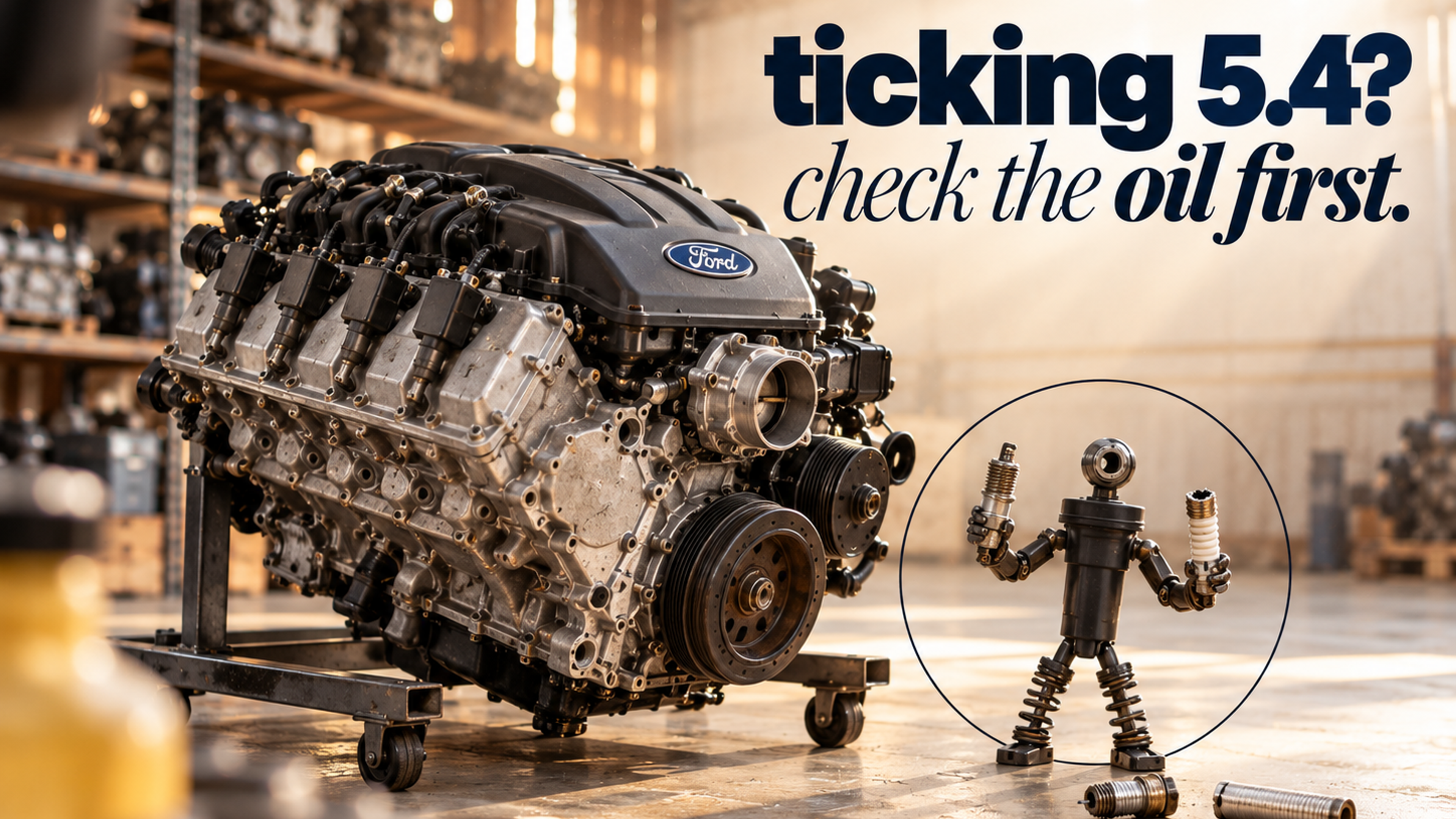 A small figure made of an ignition coil and rocker arms holding up a broken spark plug beside a Ford 5.4 V8, headline "ticking 5.4? check the oil first."